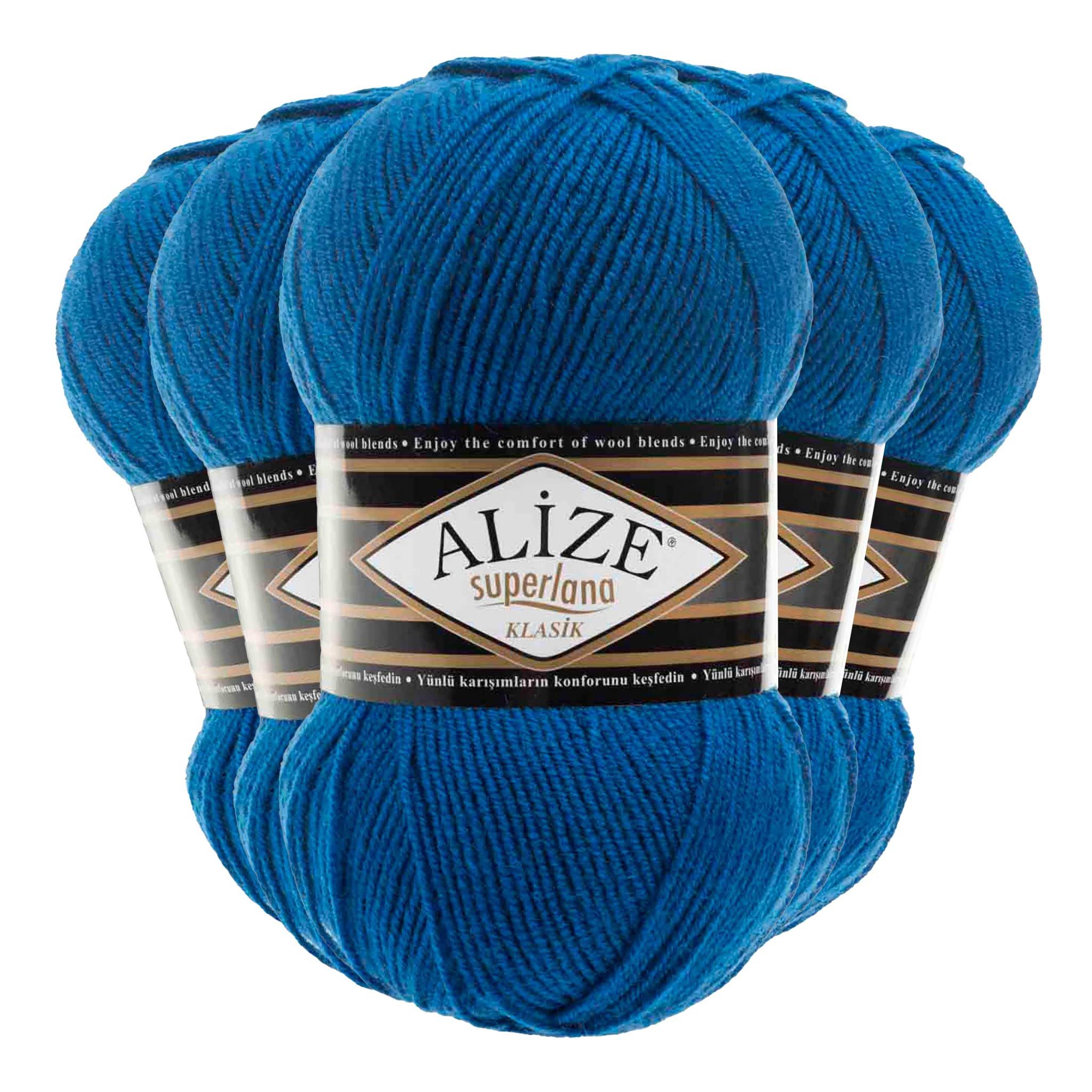Alize Alize Superlana Klasik uni 5 x 100g Strickgarn Strickwolle 25% Wolle Häkelwolle, 1400 m (Sparpaket), 141 königsblau