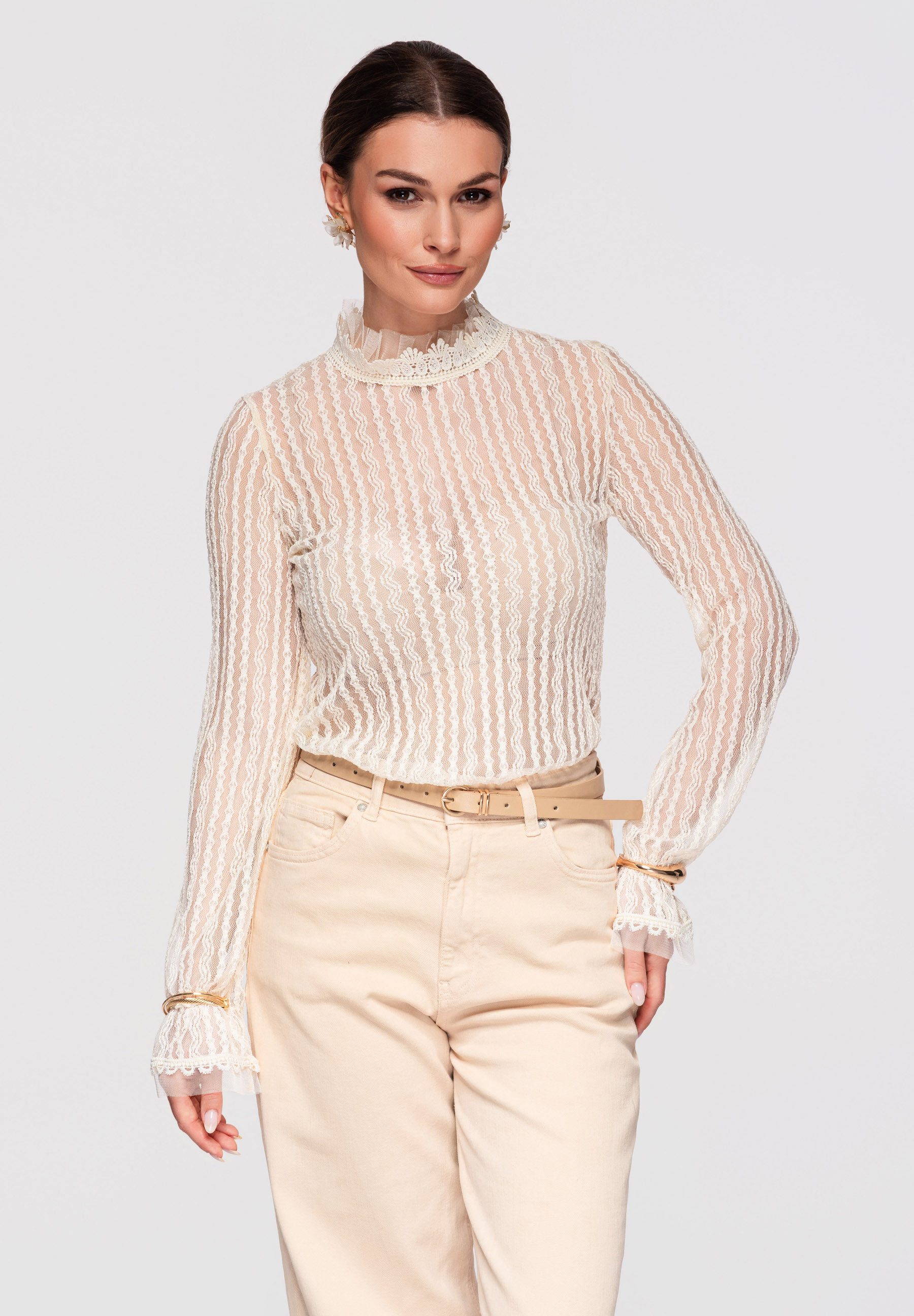 OMBRE Langarmbluse Transparente Damenbluse aus Spitze mit Stehkragen und la günstig online kaufen