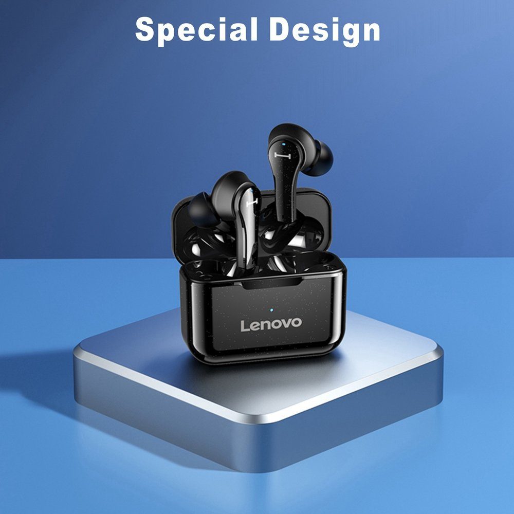 Lenovo QT82 mit Bluetooth-Kopfhörer - kabellos, Google Schwarz) Wireless, Kopfhörer-Ladehülle Bluetooth Stereo-Ohrhörer 400 (True mAh Siri, Touch-Steuerung 5.0, mit Assistant