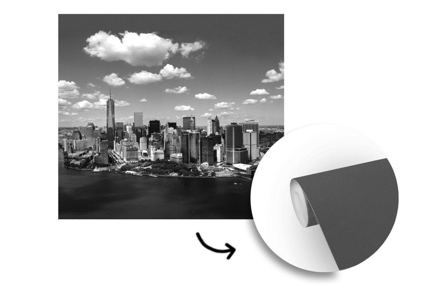 MuchoWow Fototapete Matt, für schwarz Skyline oder und Wohnzimmer Vinyl Schlafzimmer, weiß, Wandtapete Manhattan Tapete bedruckt, (5 St)