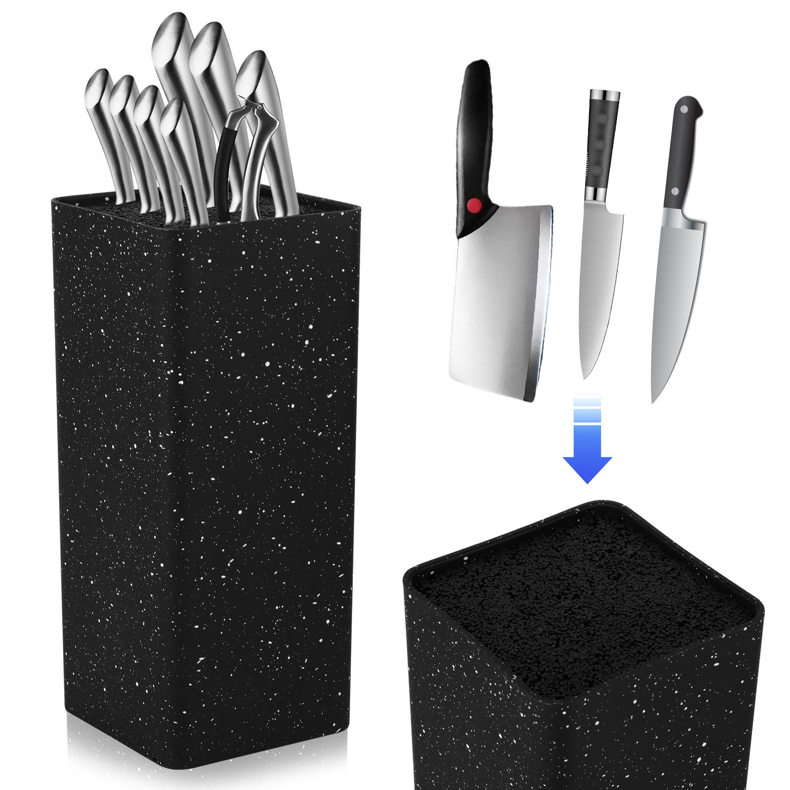 BlingBin Messerblock Square Ohne Messer Universal Messerblock (1tlg), Unbestückte Messerblöcke für 5-8 Messer Aller Art, 22.5 x 9.7 x 9.7 cm