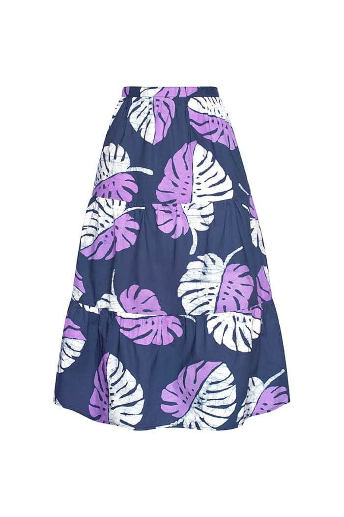 Global Mamas A-Linien-Rock Tiered Monstera - Purple Handgebatikt in Ghana · Unikat · Fair Trade zertifiziert (WFTO)