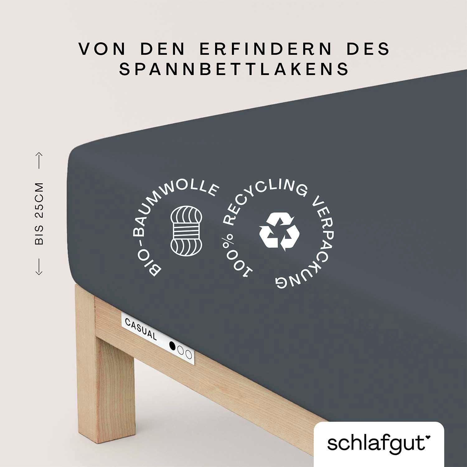 Schlafgut Spannbettlaken CASUAL Bettlaken 100% gekämmte Bio-Baumwolle, 150 g/m², Spannbetttuch, Jersey, Gummizug: rundum, (1 Stück), Bettlaken bis 25 cm Höhe, langlebig, weich, Antipilling-Ausrüstung