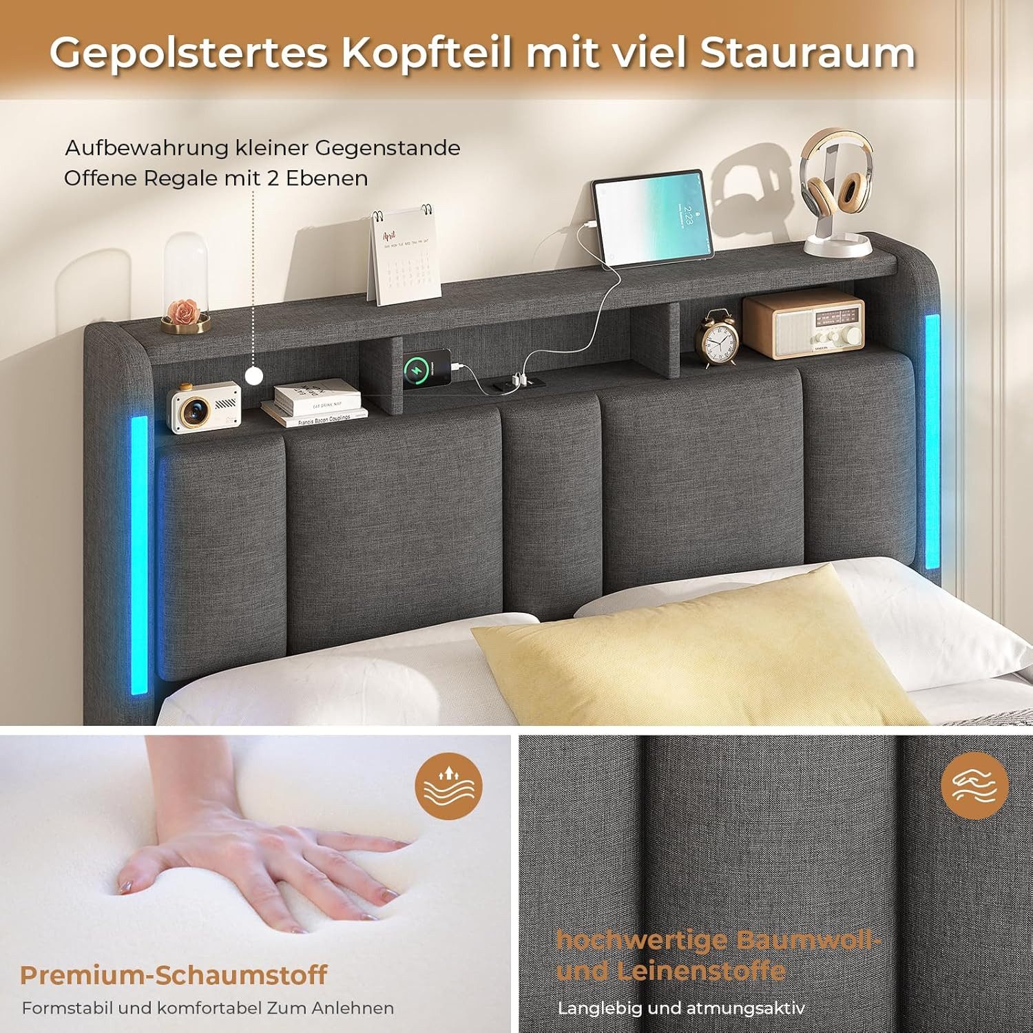 MSMASK Polsterbett mit Steckdosen & LED Beleuchtung, Stauraum und Kopfteil, 150×215 cm, Dunkelgrau, mit Stauraum & LED Beleuchtung – Bild 5 von 5