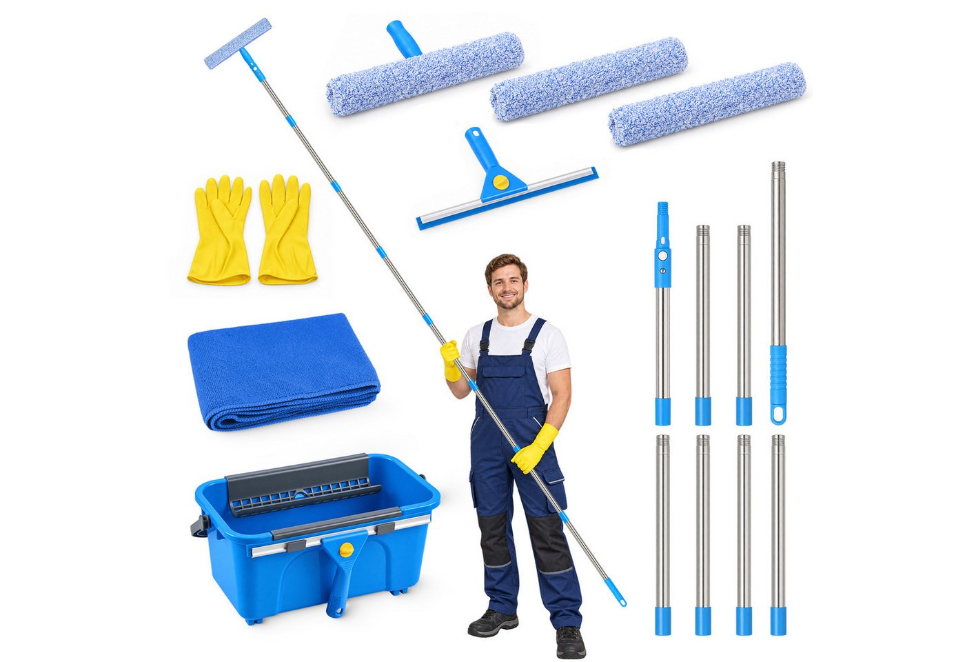JOYOLEDER Sprühwischer Fensterreiniger Set, Eimer 12L, Fensterputzer Teleskopstiel 310CM, (35CM Fensterwischer & Fenster Einwascher & Mikrofasertuch, Profi Fensterreinigungsset für Haus, Fenster, Glas, Auto)