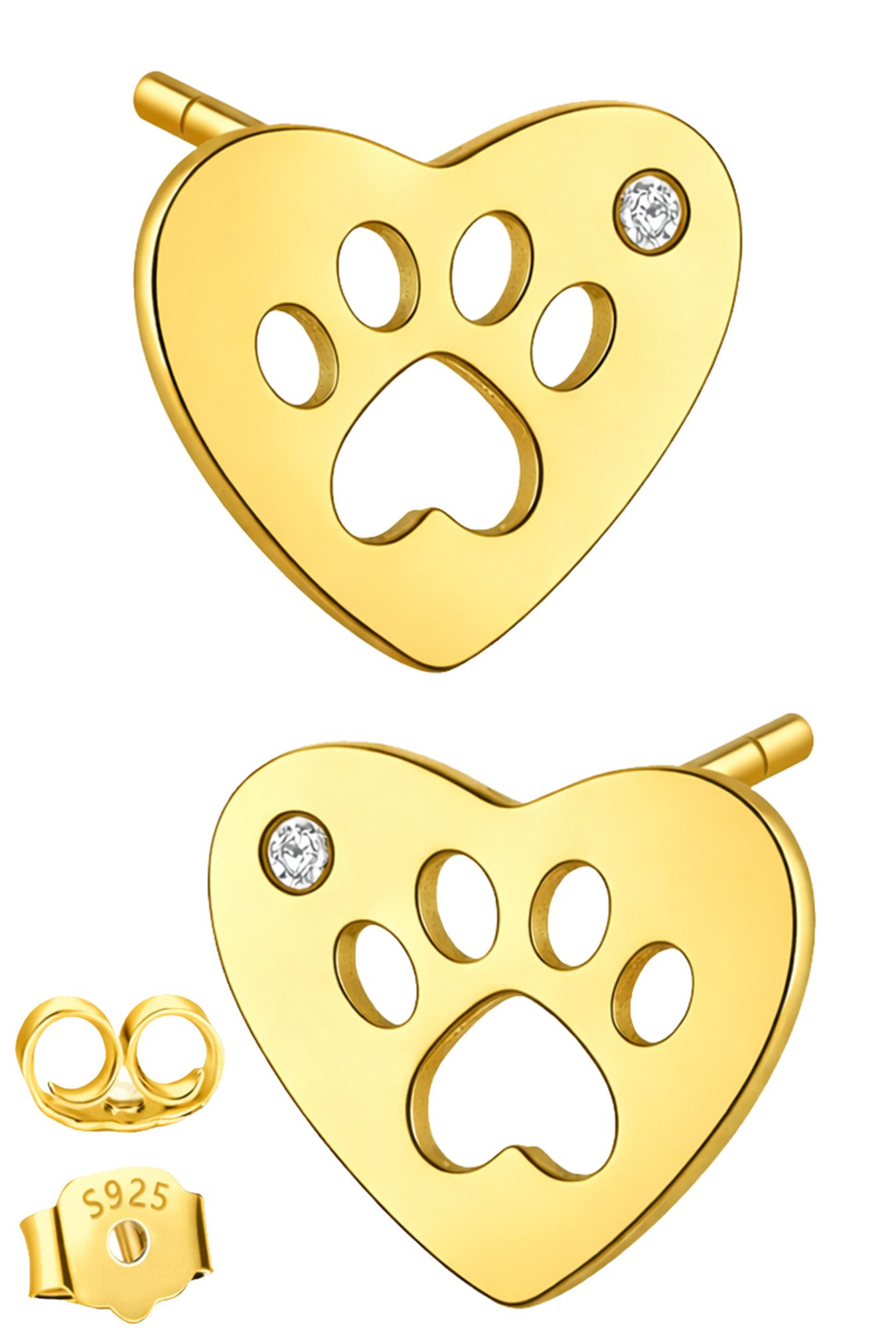 Paar Ohrstecker Ohrringe Mädchen Kinder 925 Silber Herz Pfote Damen gold Schmuck