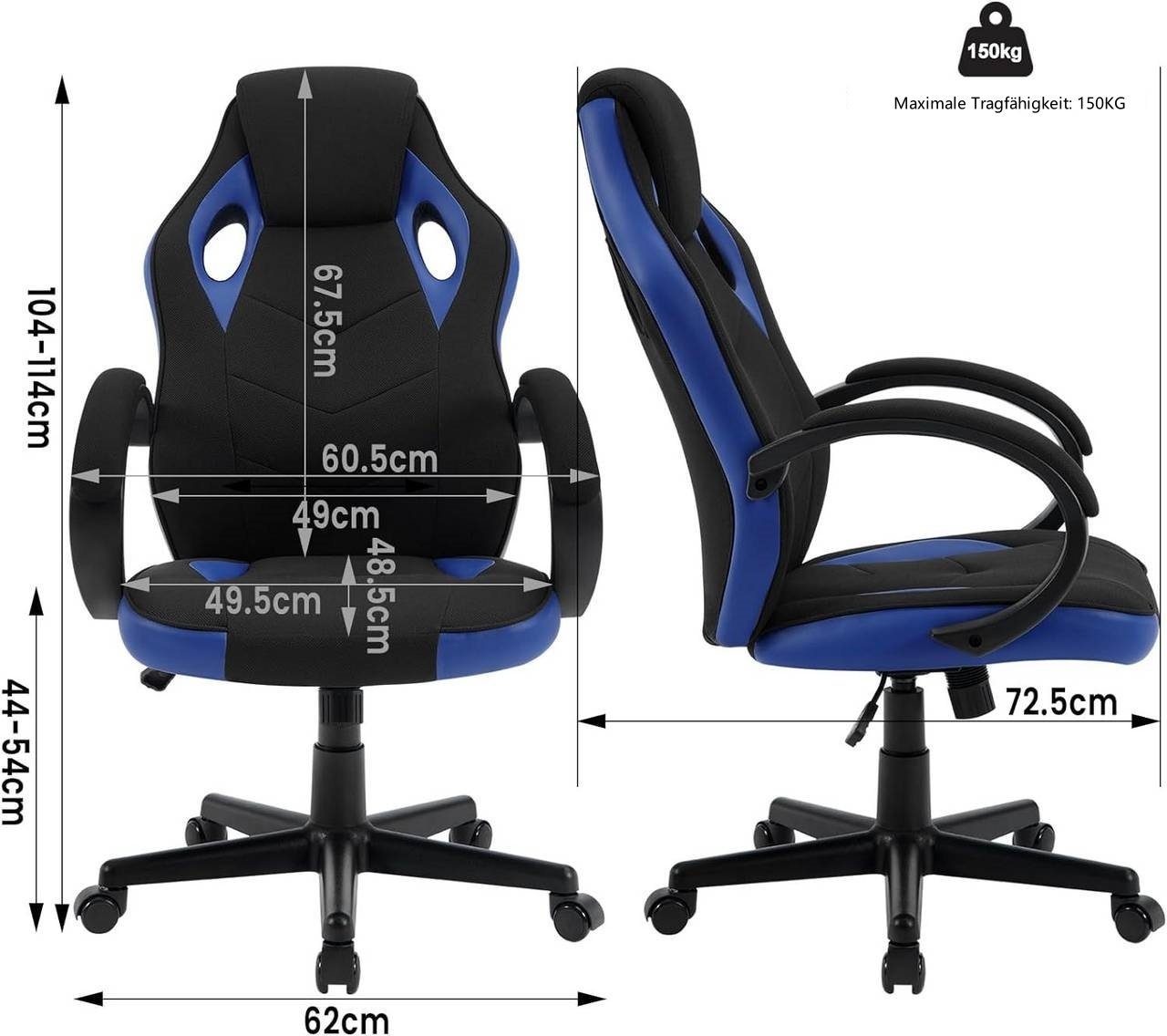 Woltu Blau+Schwarz Bürostuhl, höhenverstellbar St), Gaming-Stuhl (1 ergonomisch drehbar