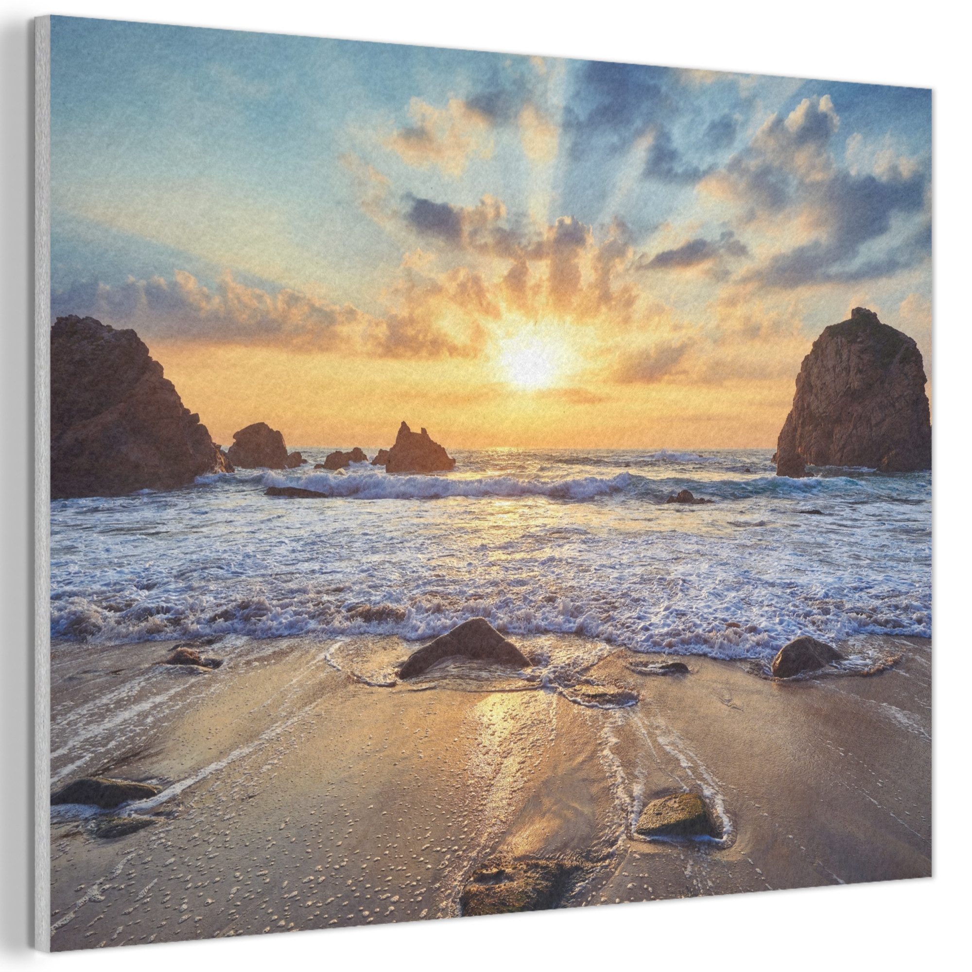 MuchoWow Gemälde Strand - Sonnenuntergang - Natur - Meer - Landschaft, Fotodruck (1 St), Akustikpaneele PET-Filz, Akustikbild, Schalldämmung, Deko 40x30 cm