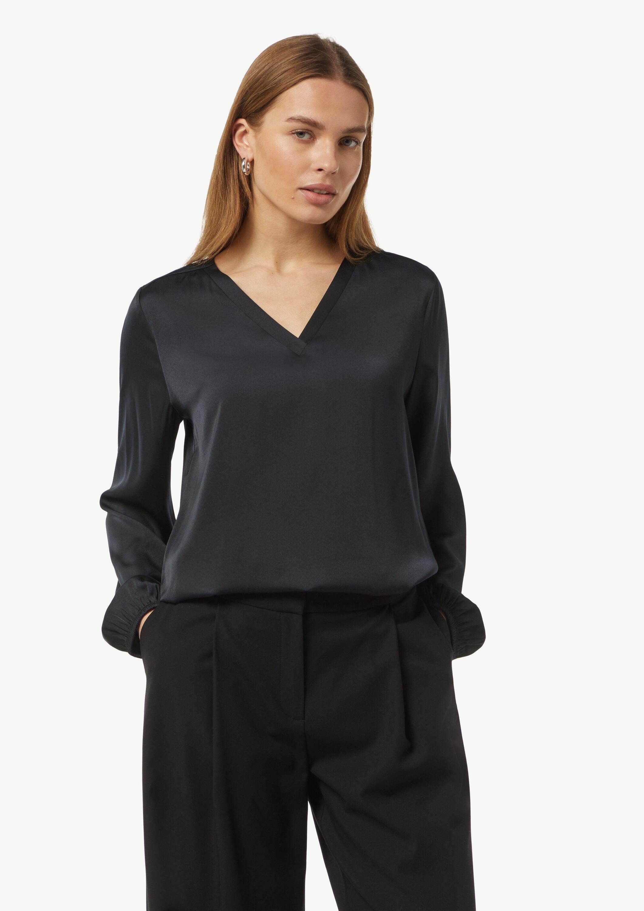comma Langarmbluse Bluse Satin-Bluse mit V-Ausschnitt und elastischen Bündc günstig online kaufen