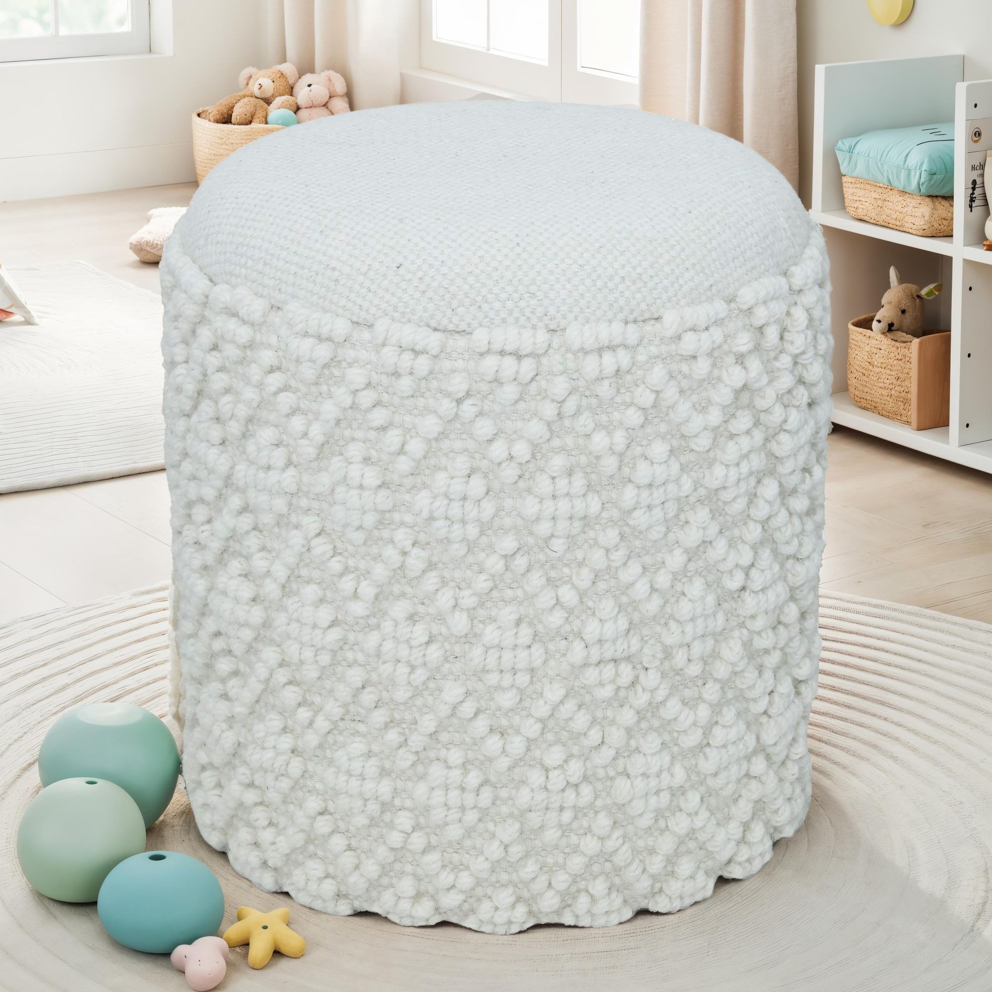 FINEBUY Stauraumhocker FB111306 Sitzhocker Runder Hocker mit Stauraum Wolle Ø 40 cm Weiß (Stoff 40 cm, Hocker mit Stauraum Rund Modern), Dekohocker Weiß Klein, Sitzhocker Gepolstert