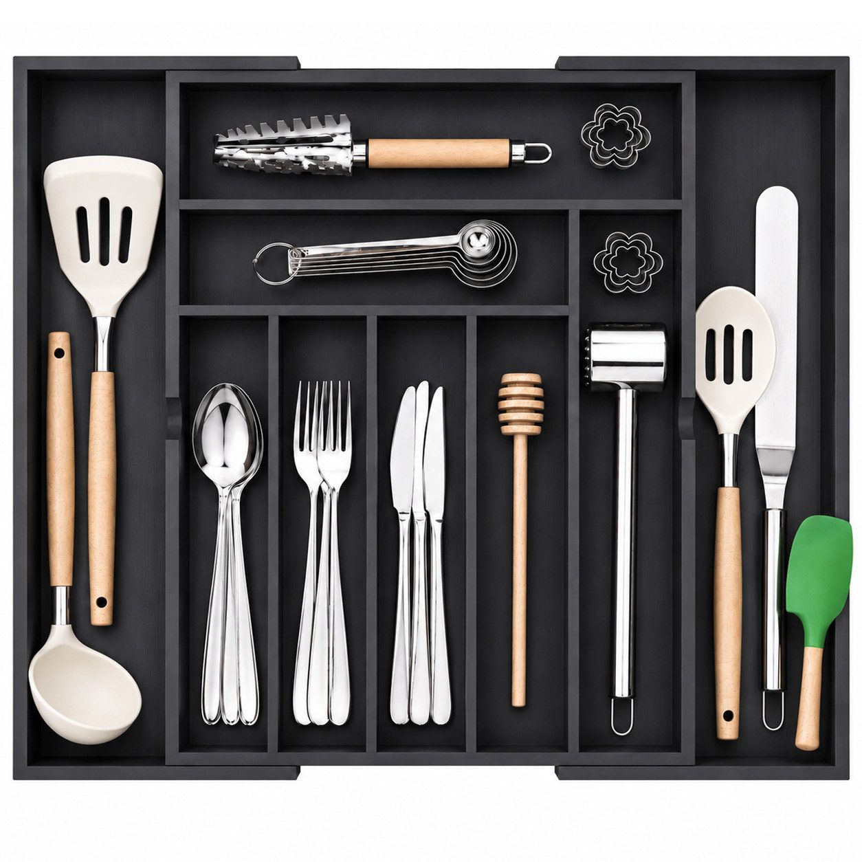 Refined Living Besteckeinsatz Ausziehbarer Besteckkasten Bambus Schubladen Organizer,Besteckeinsatz (Flexibler Besteckeinsatz, ausziehbar von 32 bis 53,5 cm, Besteckeinsatz Schubladen Organizer mit 7–9 Fächern, Besteckhalter, Küchen Organizer für, Schubla
