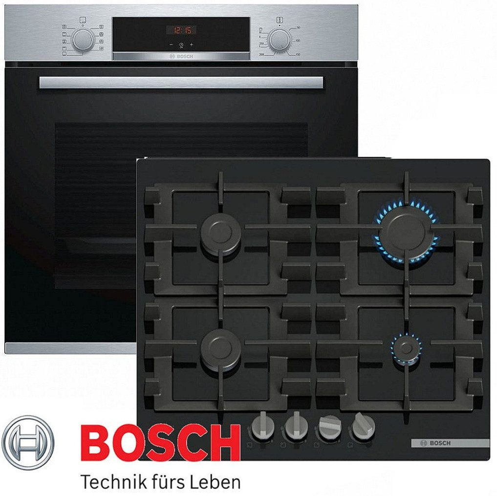 BOSCH Backofen-Set Gasherd Herdset Autark BOSCH Elektro Backofen + GAS Glas Kochfeld