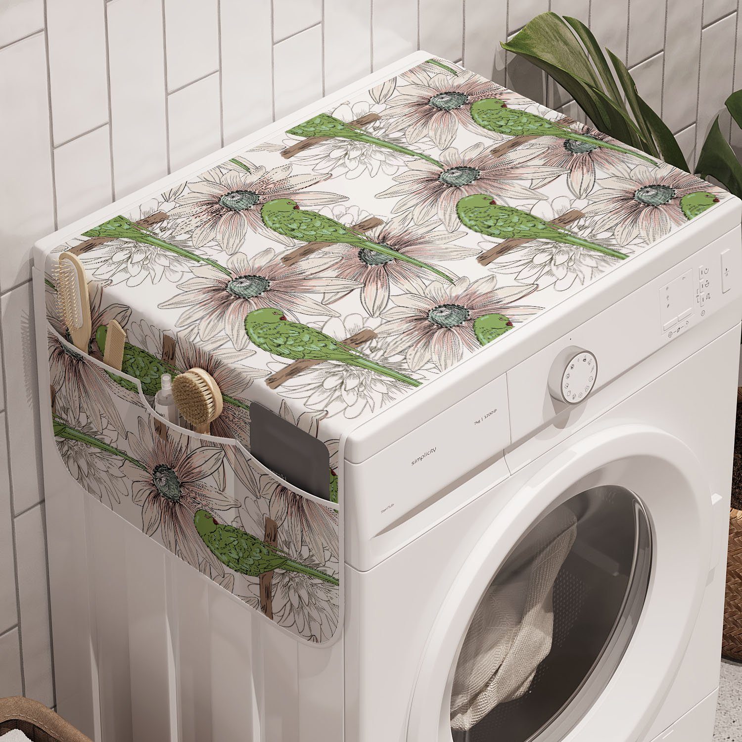 Abakuhaus Badorganizer Anti-Rutsch-Stoffabdeckung für Waschmaschine und Trockner, Vogel Vintage Vögel und Blumen-Kunst