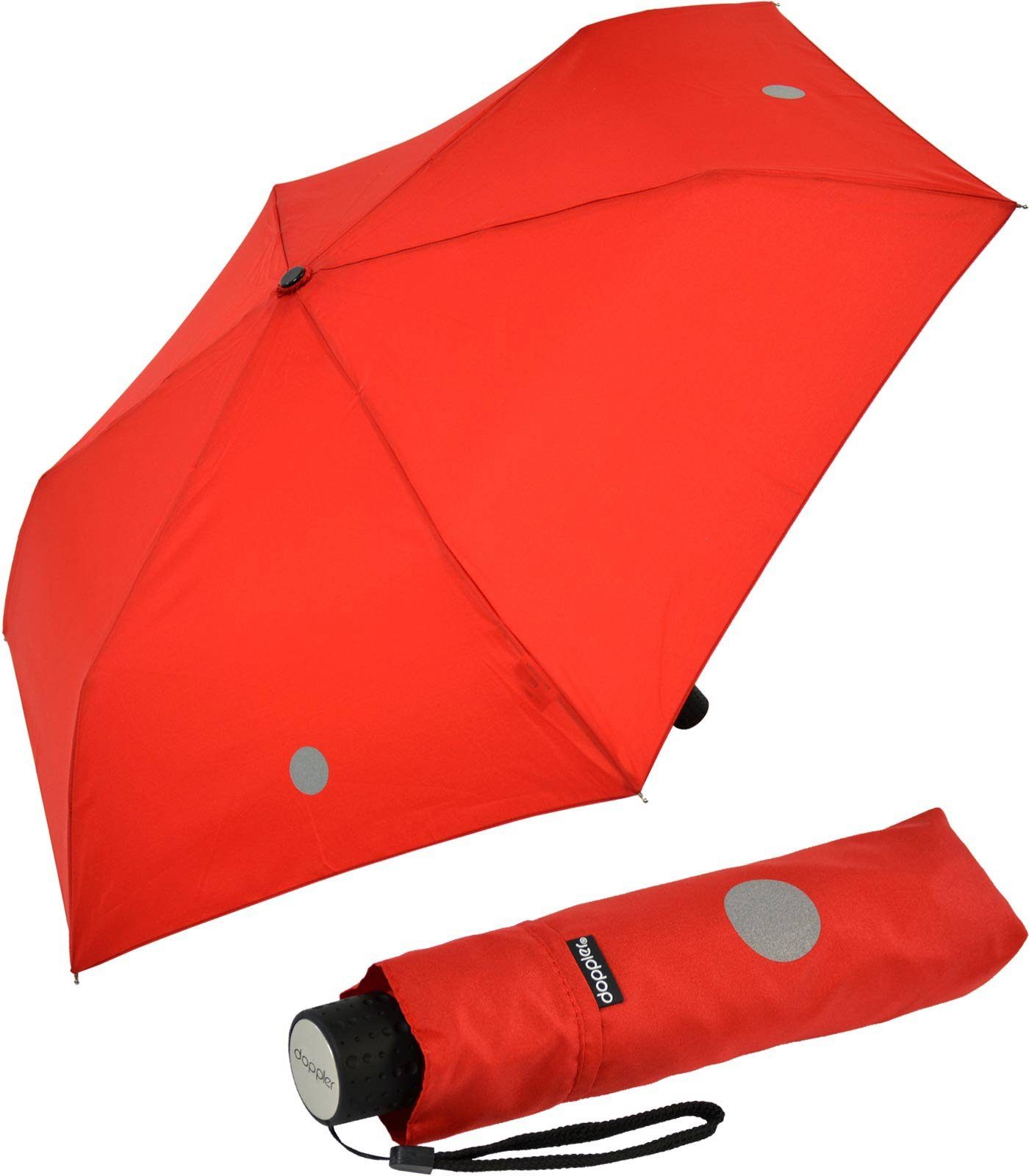 doppler® Taschenregenschirm Super-Mini Havanna Kids Reflex, kleiner, leichter Kinderschirm mit reflektierenden Aufdrucken rot