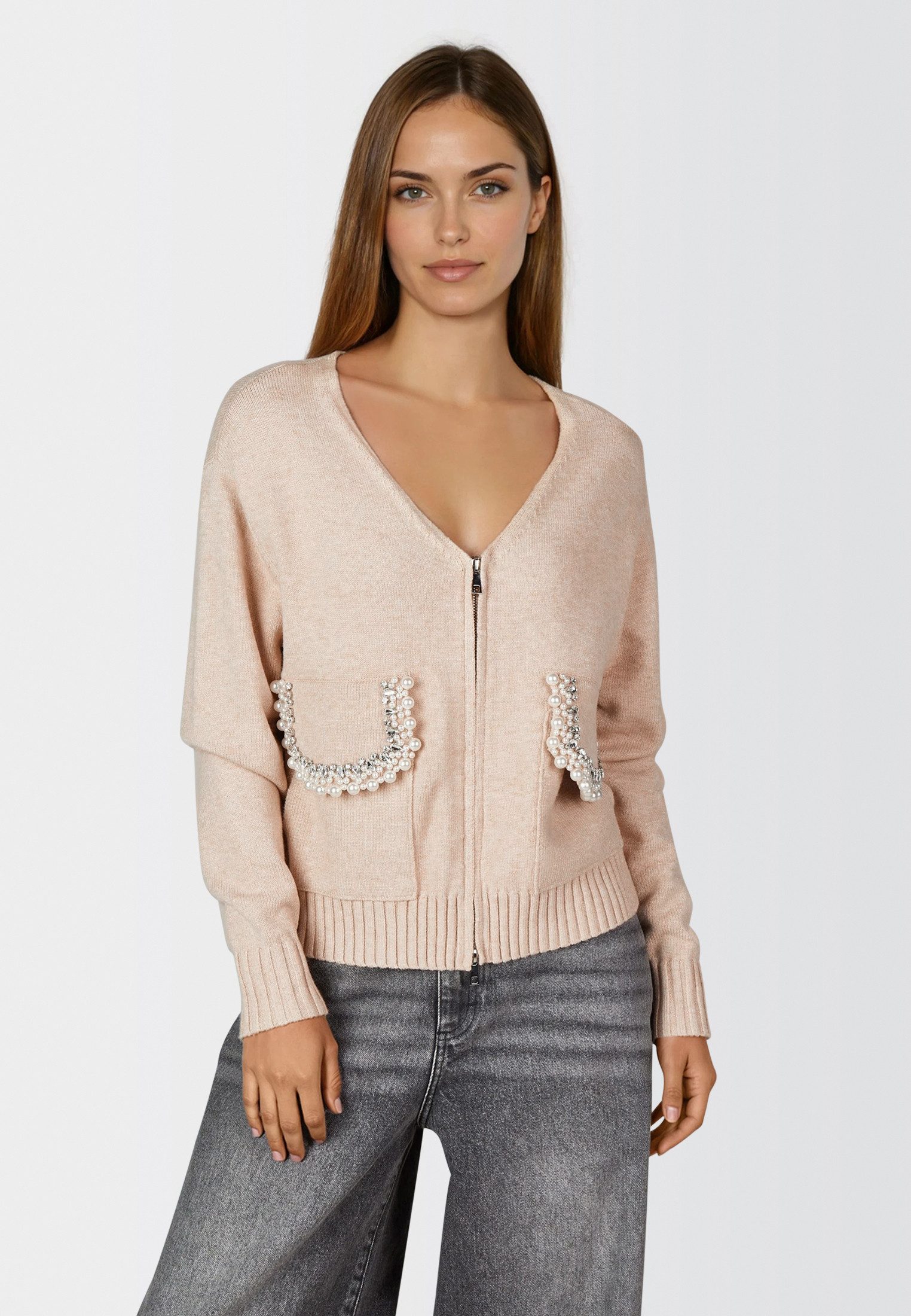 MARC AUREL Strickjacke mit Perlen-Applikation