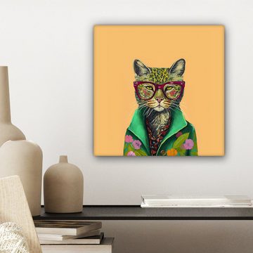 OneMillionCanvasses® Leinwandbild Tiere - Katze - Brille - Blumen - Hippie, (1 St), Leinwand Bilder für Wohnzimmer Schlafzimmer, 20x20 cm