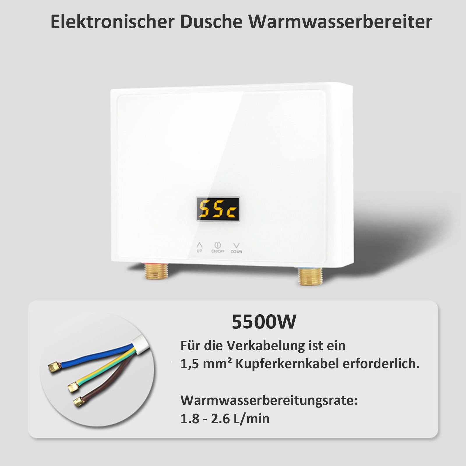 mit Temperaturauswahl TWSOUL Durchlauferhitzer LED 28-55 ℃, Strom spart Durchlauferhitzer Tankless Weiß Mini Panel, Digitalanzeige