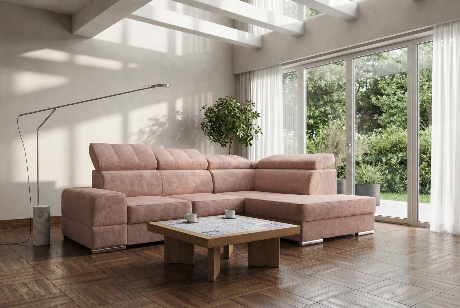 Friderik-EU Ecksofa Royal I 265x185 cm, Schlaffunktion, verstellbare Kopfstützen, HR35-Schaum