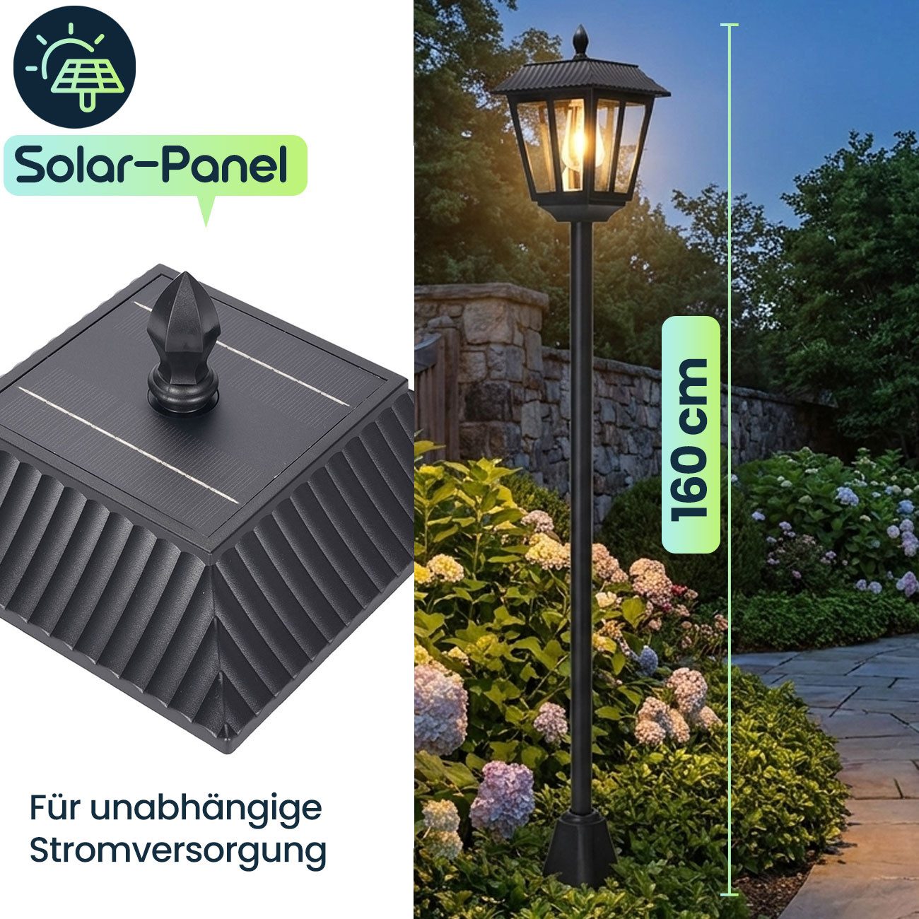 Casativo LED Außen-Stehlampe Solar-LED-Gartenlaterne mit Dämmerungssensor Wetterfest IP44, 6 SMD-LEDs, fest verbaut, Tageslichtweiss, bis zu 8 Std. Leuchtdauer/Solarbetrieb/B18 × H160 × L18 cm
