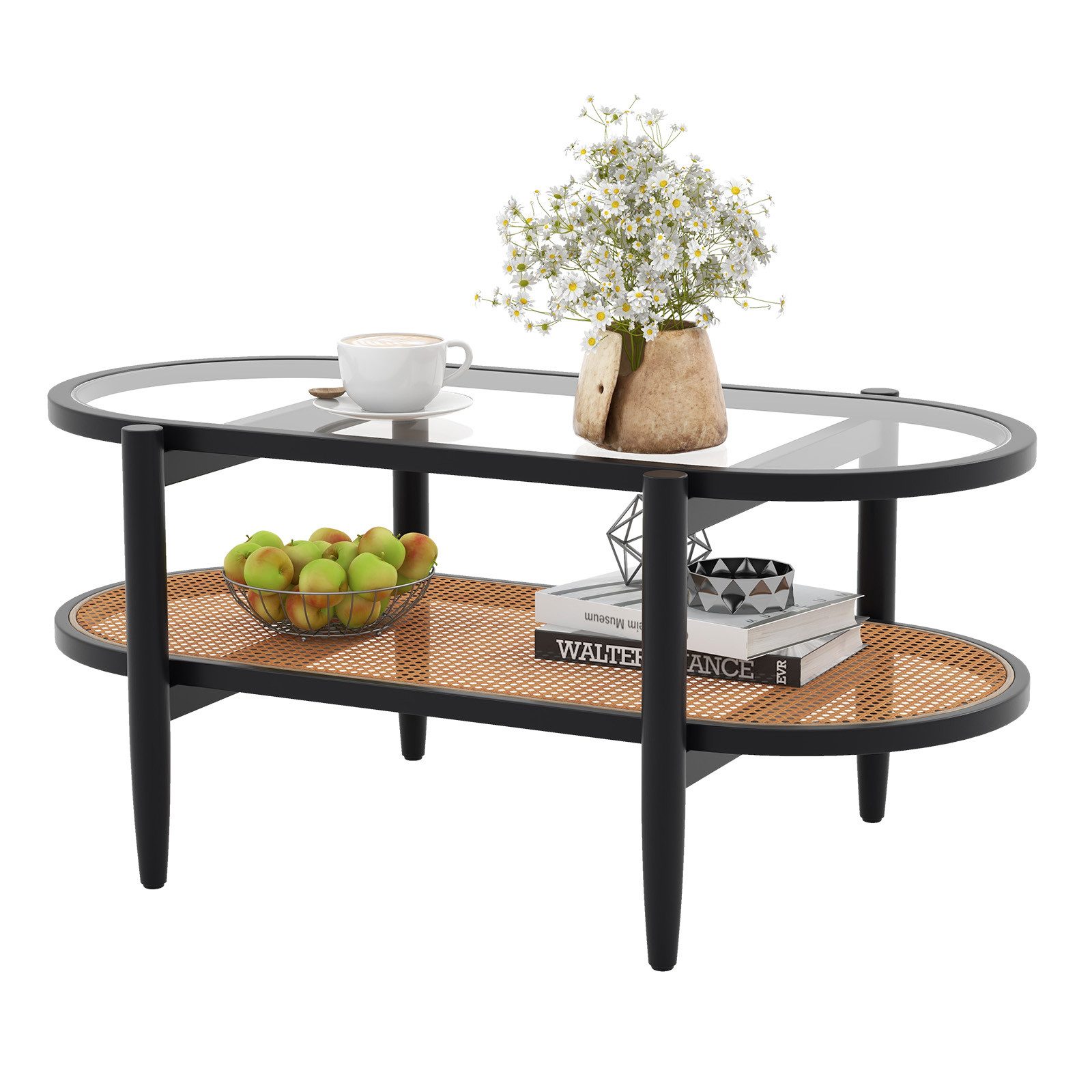 COSTWAY Couchtisch, Glas, Rattan, Holz Sofatisch mit Stauraum, 102x56x47cm