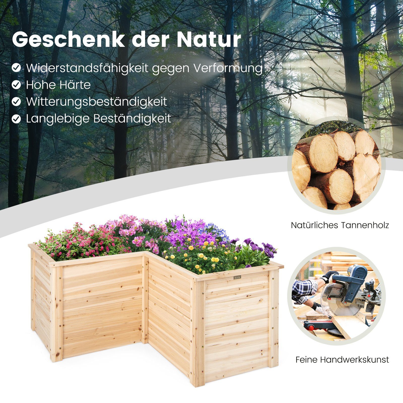 COSTWAY Flower Box, L-shaped Raised Bed, made of fir wood, 120x120x63cm