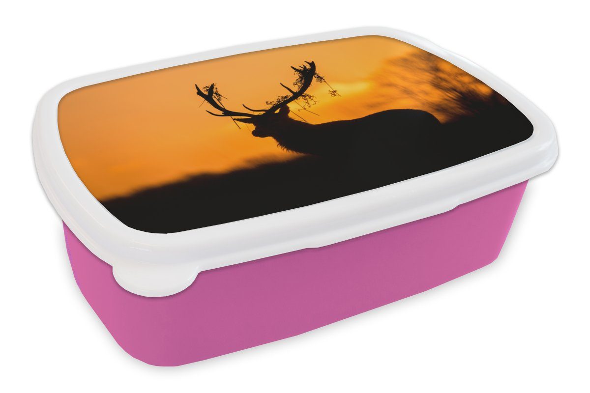MuchoWow Lunchbox Hirsch - Orange - Scherenschnitt - Tiere - Natur, Kunststoff, (2-tlg), Brotbox für Erwachsene, Brotdose Kinder, Snackbox, Mädchen, Kunststoff rosa