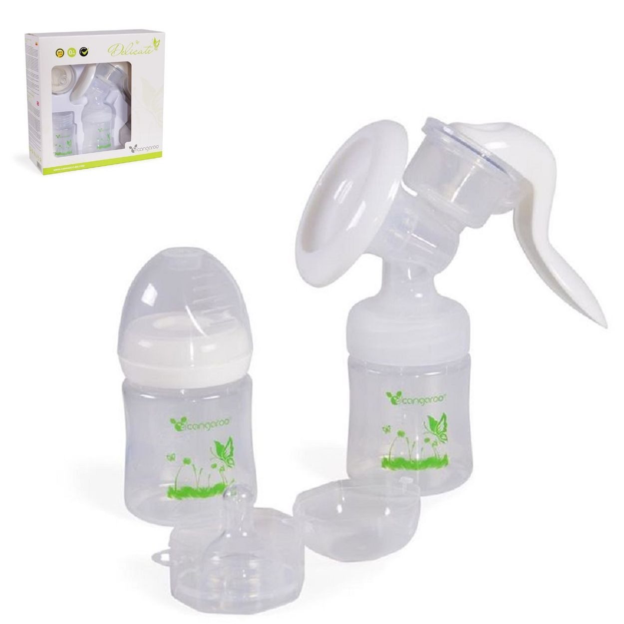 Cangaroo Handmilchpumpe Delicate P0953, manuell, 2x 150 ml Flasche, Sauger Gruppe 0+, Silikon, Deckel