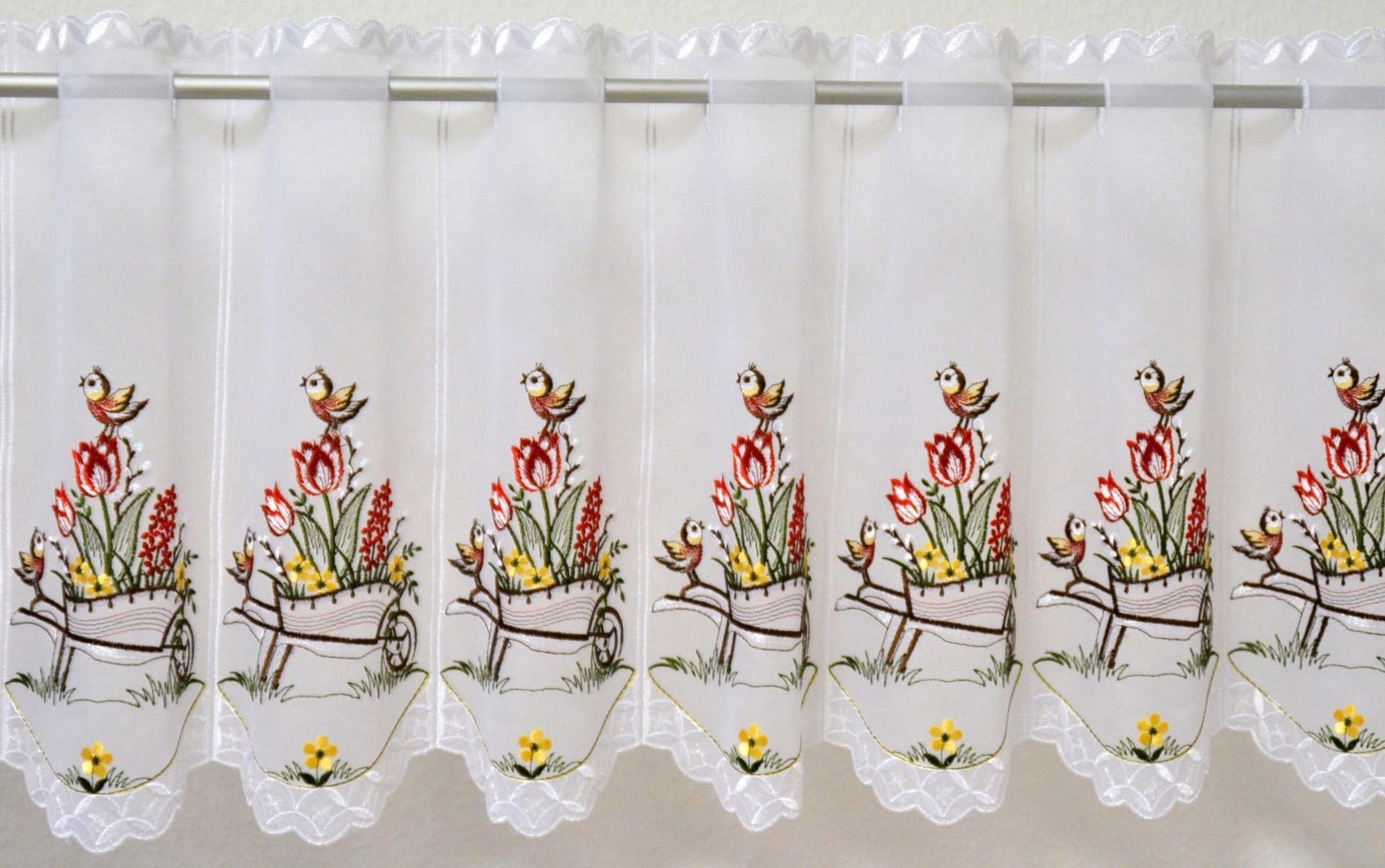 Stickereien Plauen Scheibengardine Schubkarre (1 St), Durchzuglöcher, transparent, Voile, veredelt mit echter Plauener Spitze Stickerei