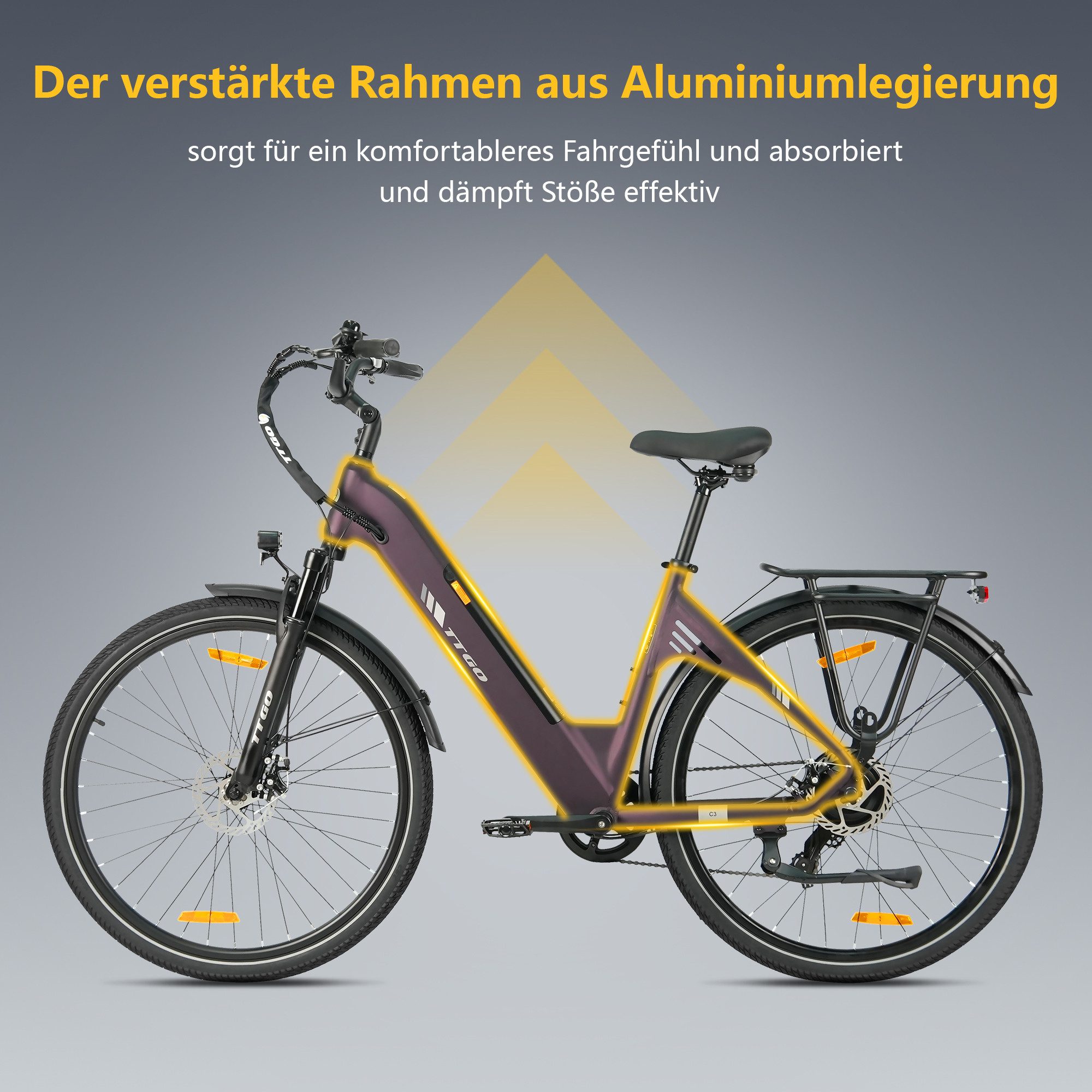 TTGO E-Bike Cityrad 28 x 2,0 Zoll, 120km, C3 SE, Elektrofahrrad mit Tiefeinsteiger-Rahmen, 7 Gang SHIMANO, Kettenschaltung, Heckmotor, 648 Wh, 5 Stufen, Leicht nur 25kg, Pedelec bis zu 120kg, Aluminiumrahmen