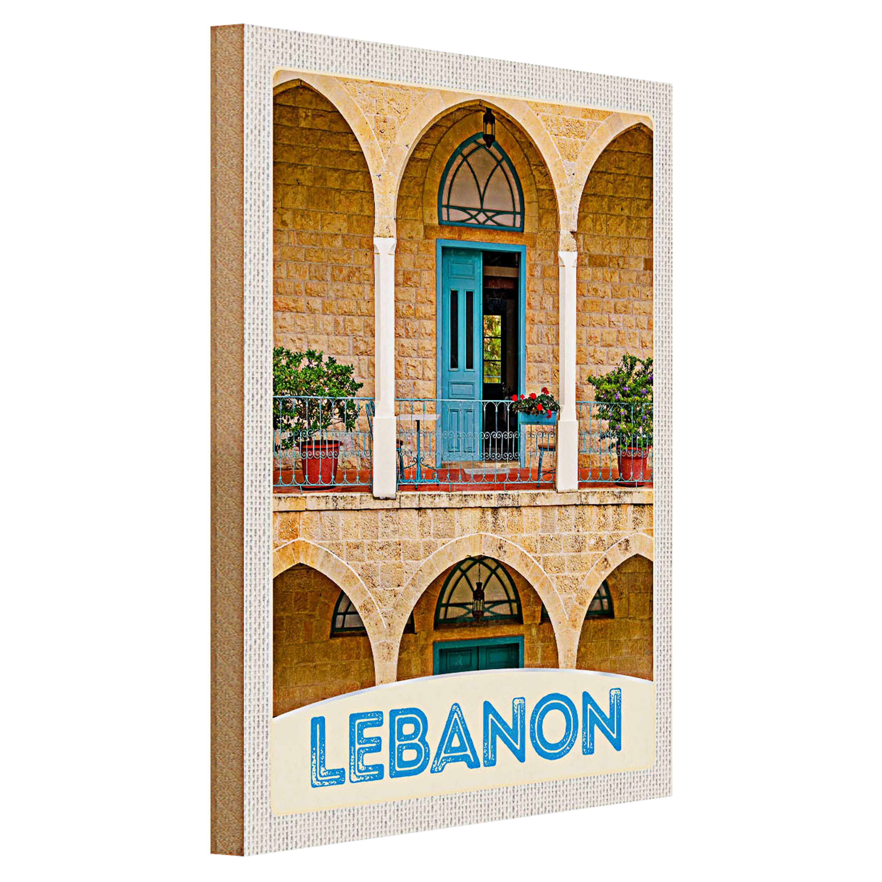Roomando Holzbild Reise 30x40cm Libanon Gebäude blaue Tür Urlaub