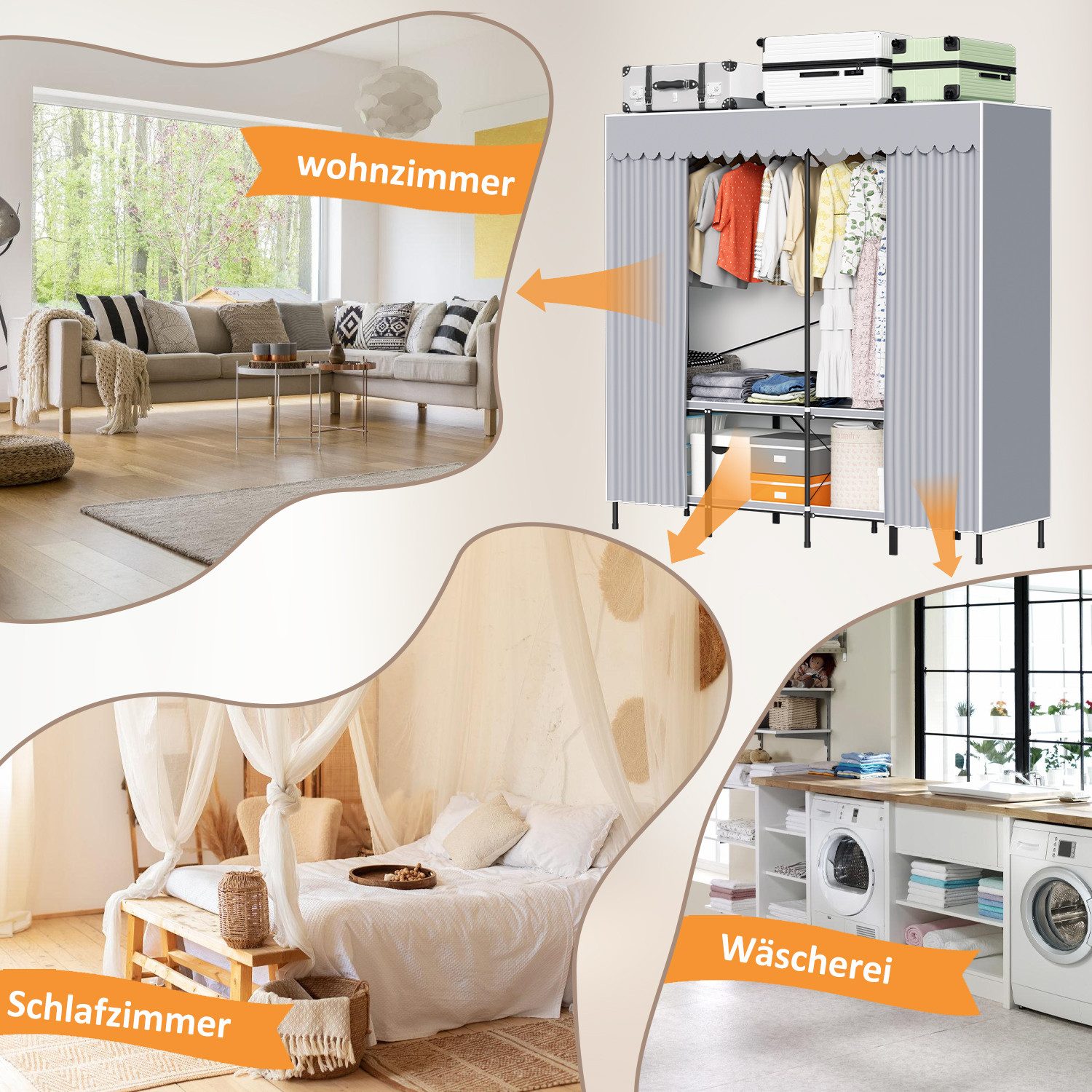 Clanmacy Kleiderschrank Kleiderschrank Stoffschrank Groß Faltschrank Stoff Stahlrohr Grau