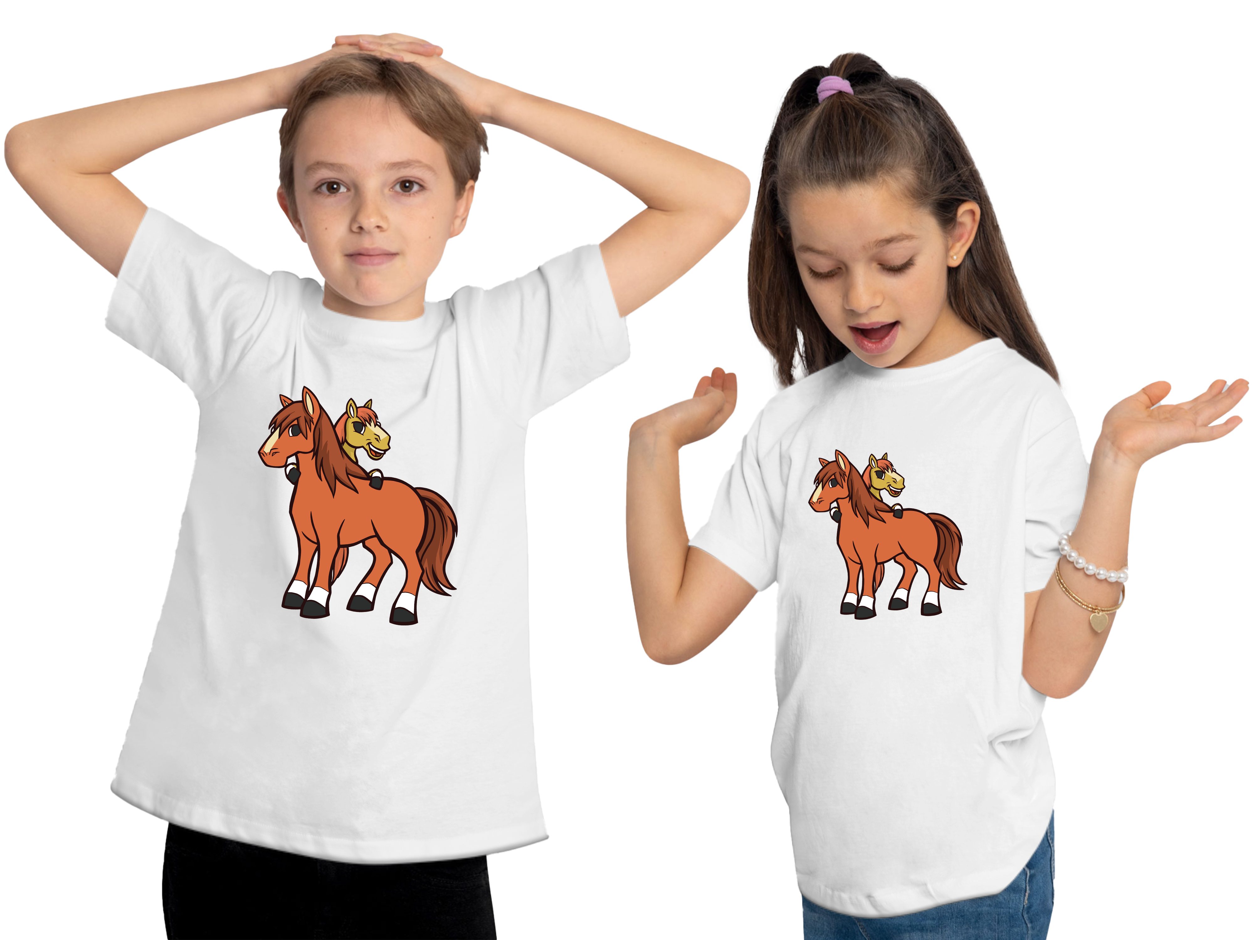 MyDesign24 T-Shirt Kinder Pferde mit cartoon Baumwollshirt bedruckt Pferde Shirt 2 Aufdruck, - weiss i251 Print