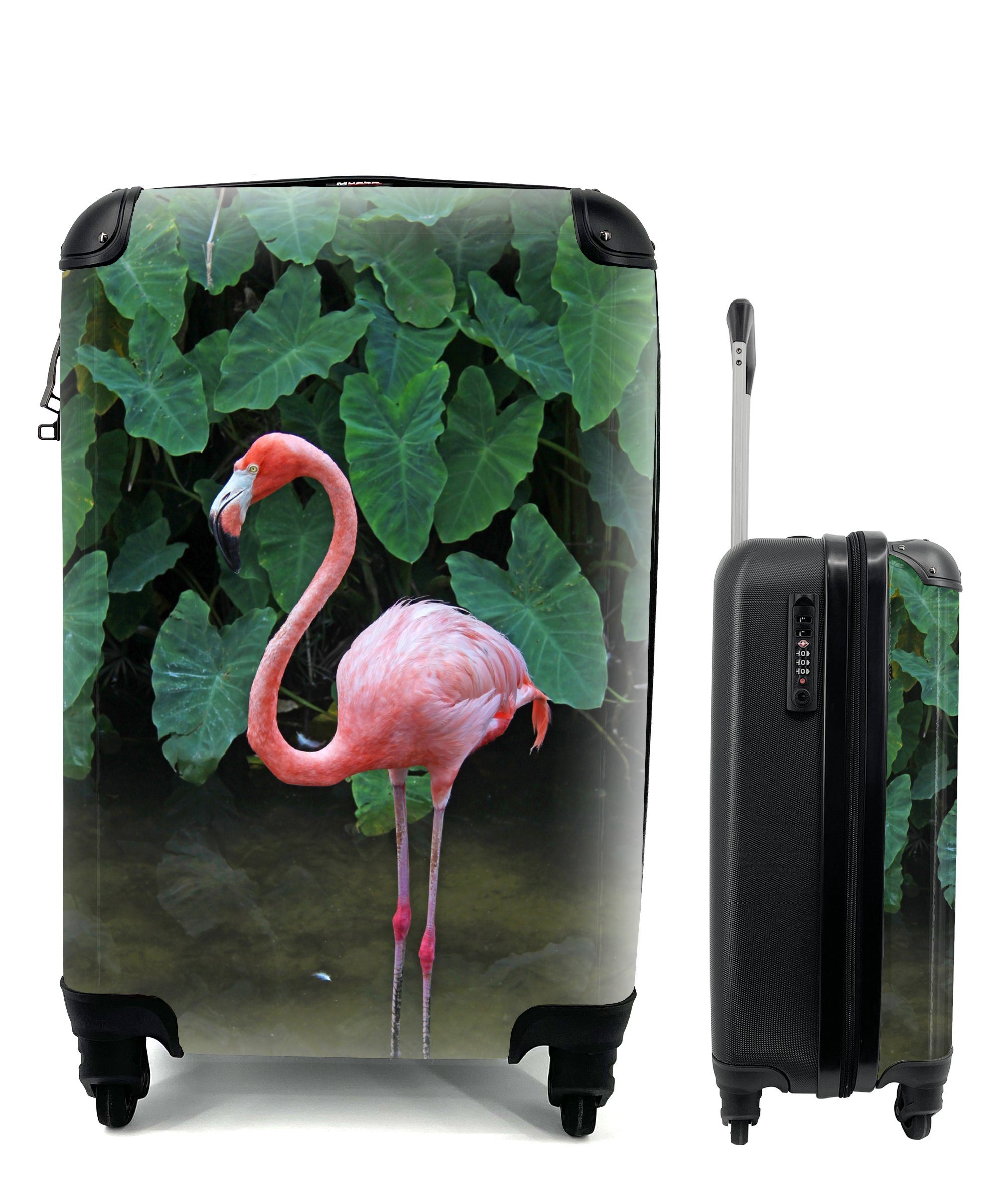 Ferien, Ein Handgepäckkoffer Handgepäck Reisetasche Trolley, 4 MuchoWow mit seichten im rollen, steht Flamingo Wasser, Reisekoffer für Rollen,
