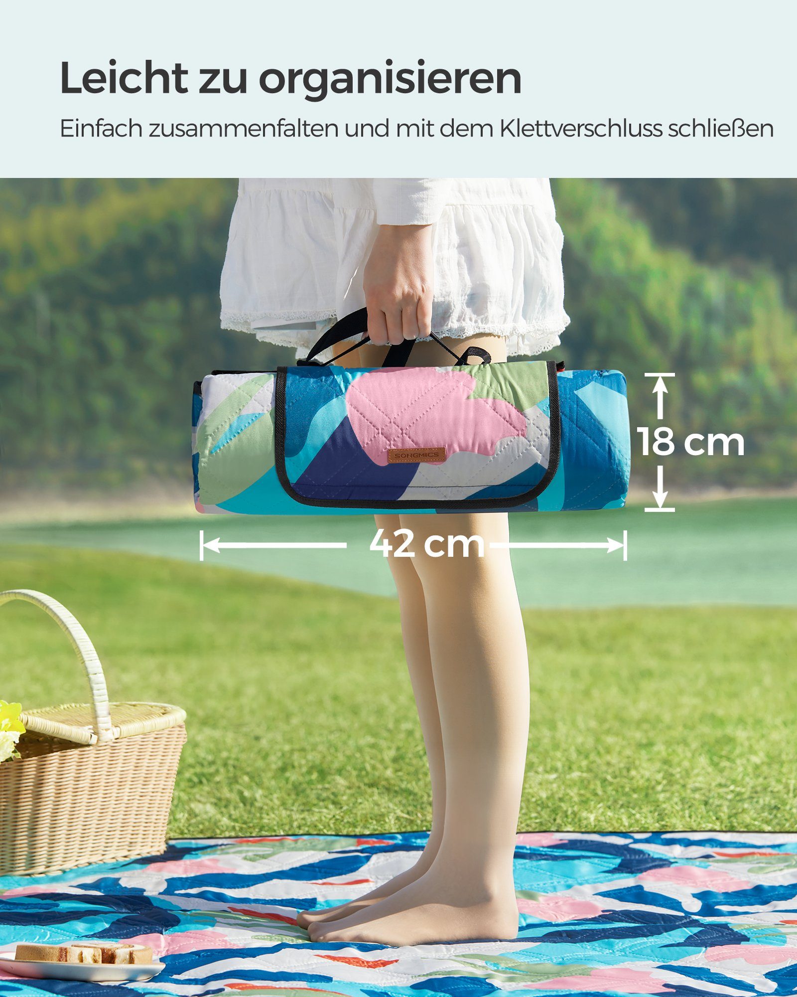 Picknickdecke 200 x 200 cm, groß, Campingdecke, für Park, Garten, Strand, SONGMICS, wasserdicht, maschinenwaschbar, faltbar, bunte Blätter