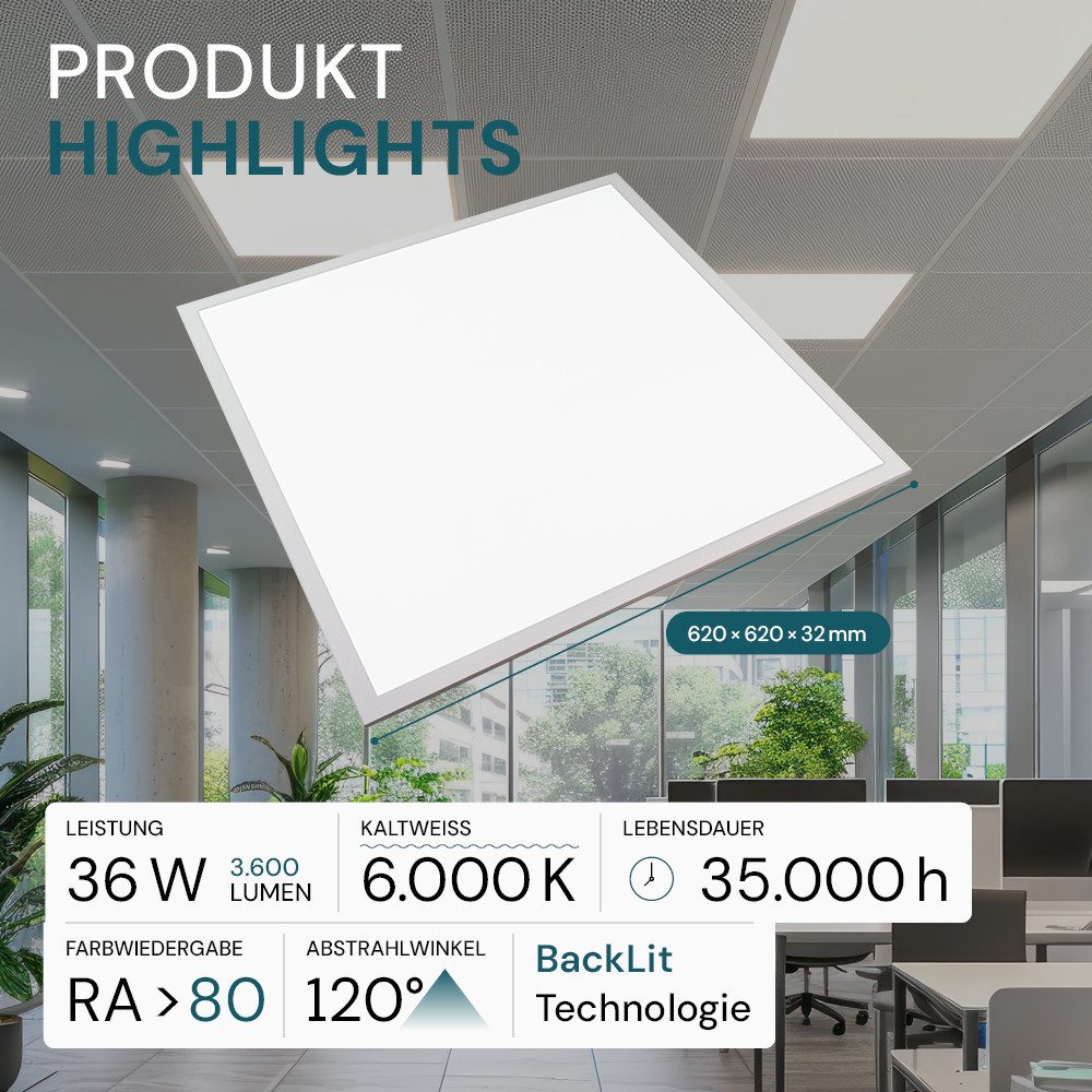 LUXULA LED Rasterleuchte LUXULA LED Panel 36 W 6000 K kaltweiß, LED fest integriert, Kaltweiß