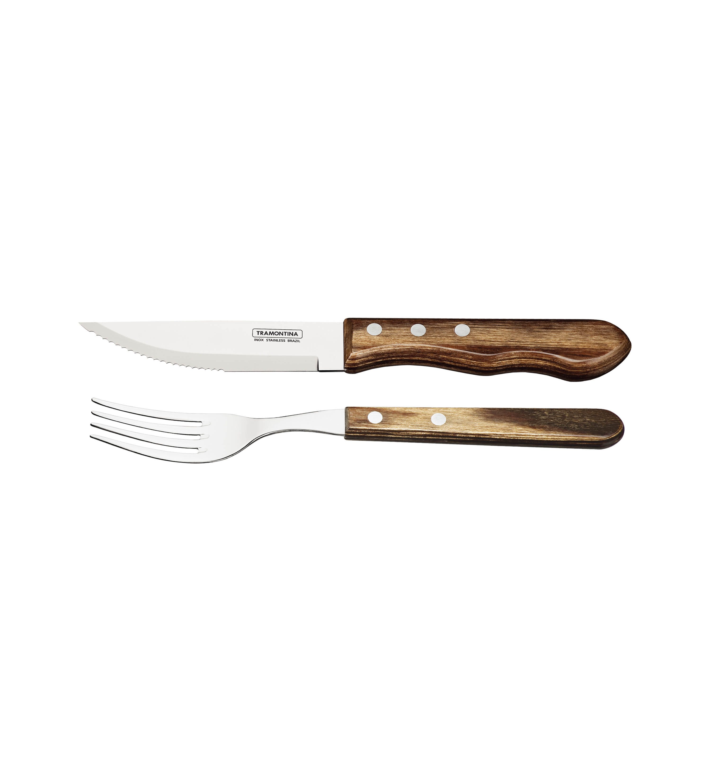 Tramontina Steakbesteck JUMBO Steakmesser und Steakgabel - mit Holzgriff (2-tlg), 1 Personen, Edelstahl, Echtholzgriff, rostfreier Edelstahl, spülmaschinenfest