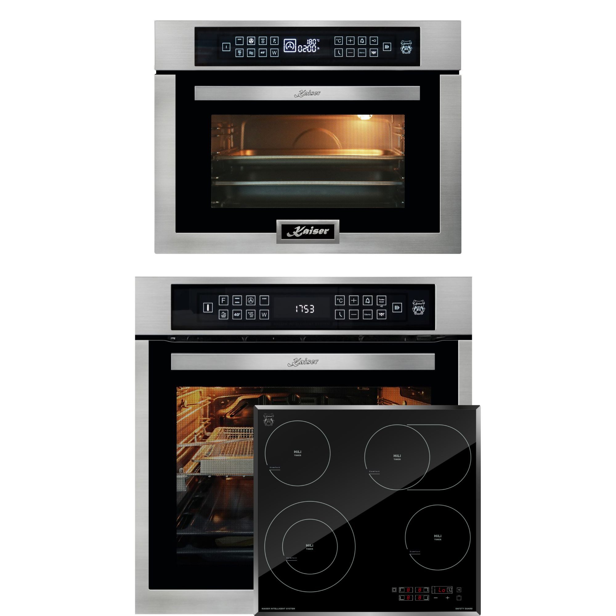 Kaiser Küchengeräte Backofen-Set Herd Set Autark Elektrobackofen,Edelstahl,86 L 15 Fkt., LED-Display mit High Light Glaskeramik Kochfeld 60cm Schwarz glas Facettenschliff-Kanten+Mikrowellen-Backofen, 45 cm Hoch,TouchControl, Heißluft EH 6306 N R+KCT 6115 F+EM 6307 R, mit 1-fach-Teleskopauszug