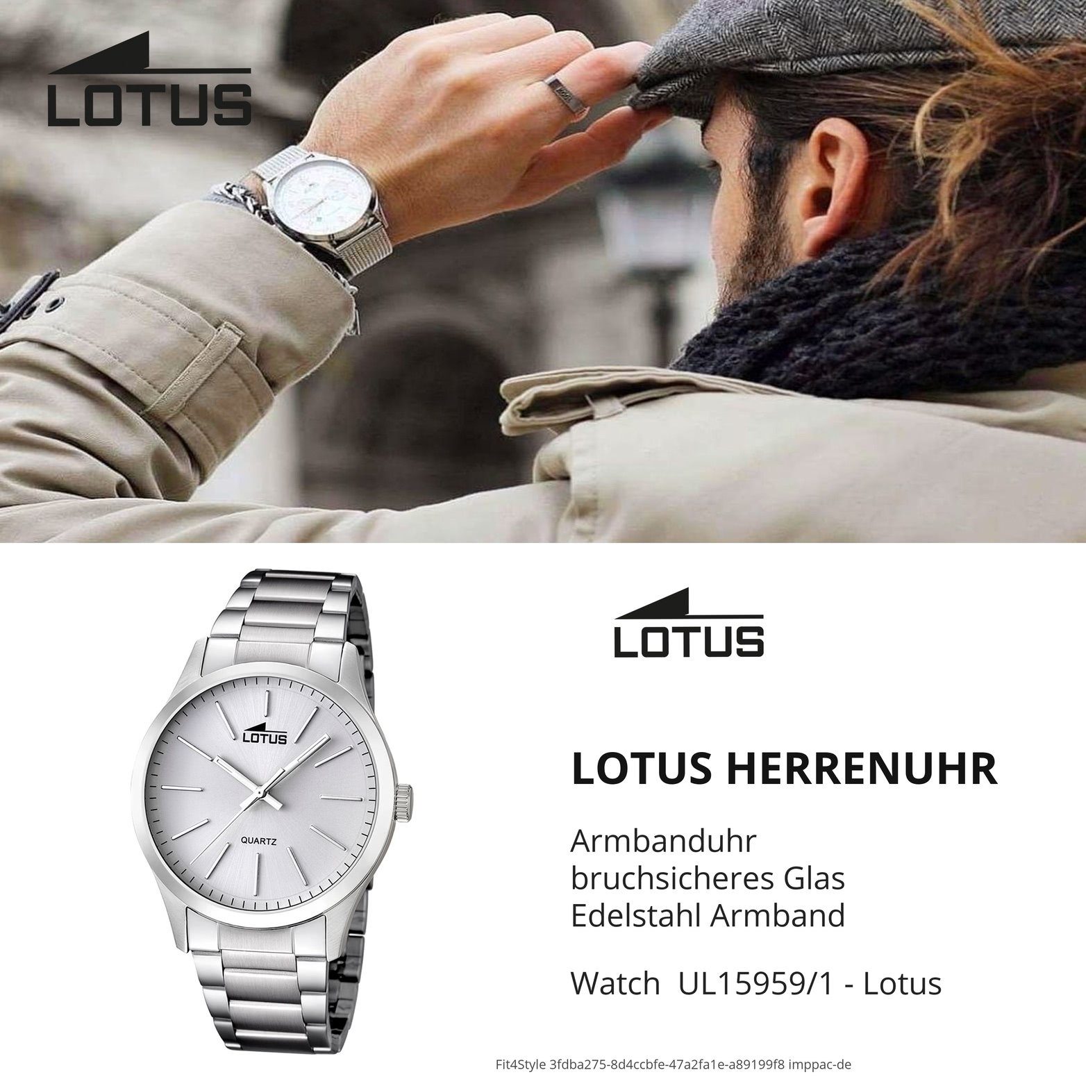 Lotus Quarzuhr Gehäuse, 42mm), Edelstahlarmband, mit groß Uhr Casua (ca. Herrenuhr Lotus Herren Stahl rundes L15959/1