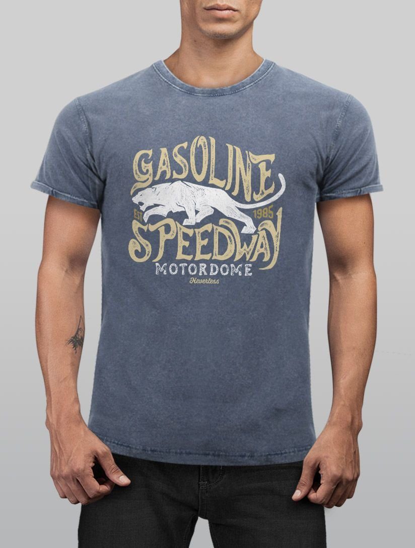 Neverless Print-Shirt Neverless® blau Vintage Slim Panther Motiv Shirt Gasoline Speedway Used T-Shirt Print mit Printshirt Fit Herren Look