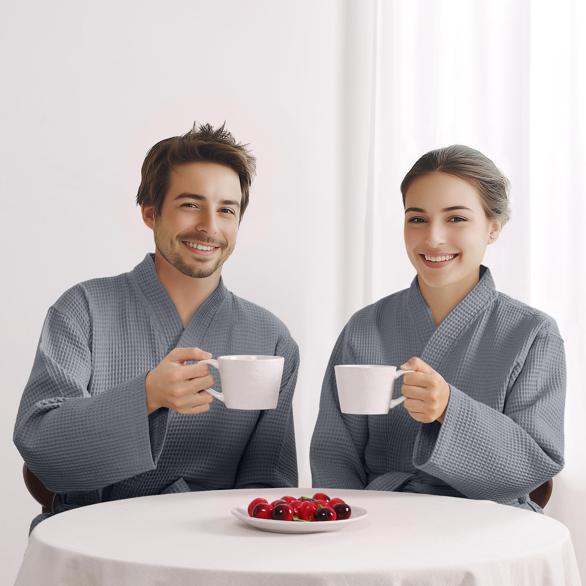 HOMELEVEL Bademantel HOMELEVEL Pique Bademantel Baumwolle Kimono Morgenmantel Unisex XL