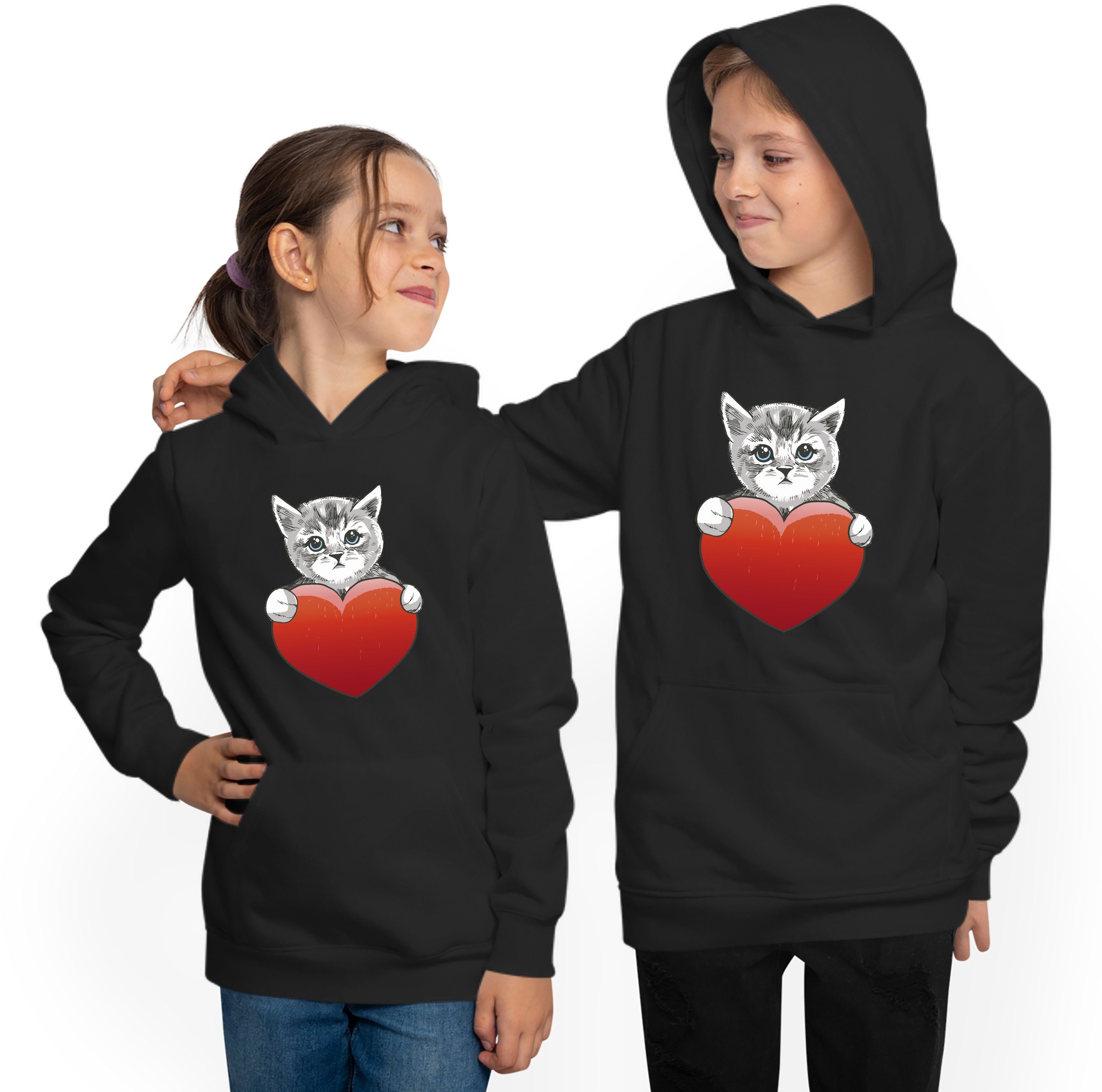 MyDesign24 Hoodie Kinder Kapuzen Aufdruck, Hoodie mit Sweatshirt i120 Herz Katzen - rotem mit Kapuzensweater