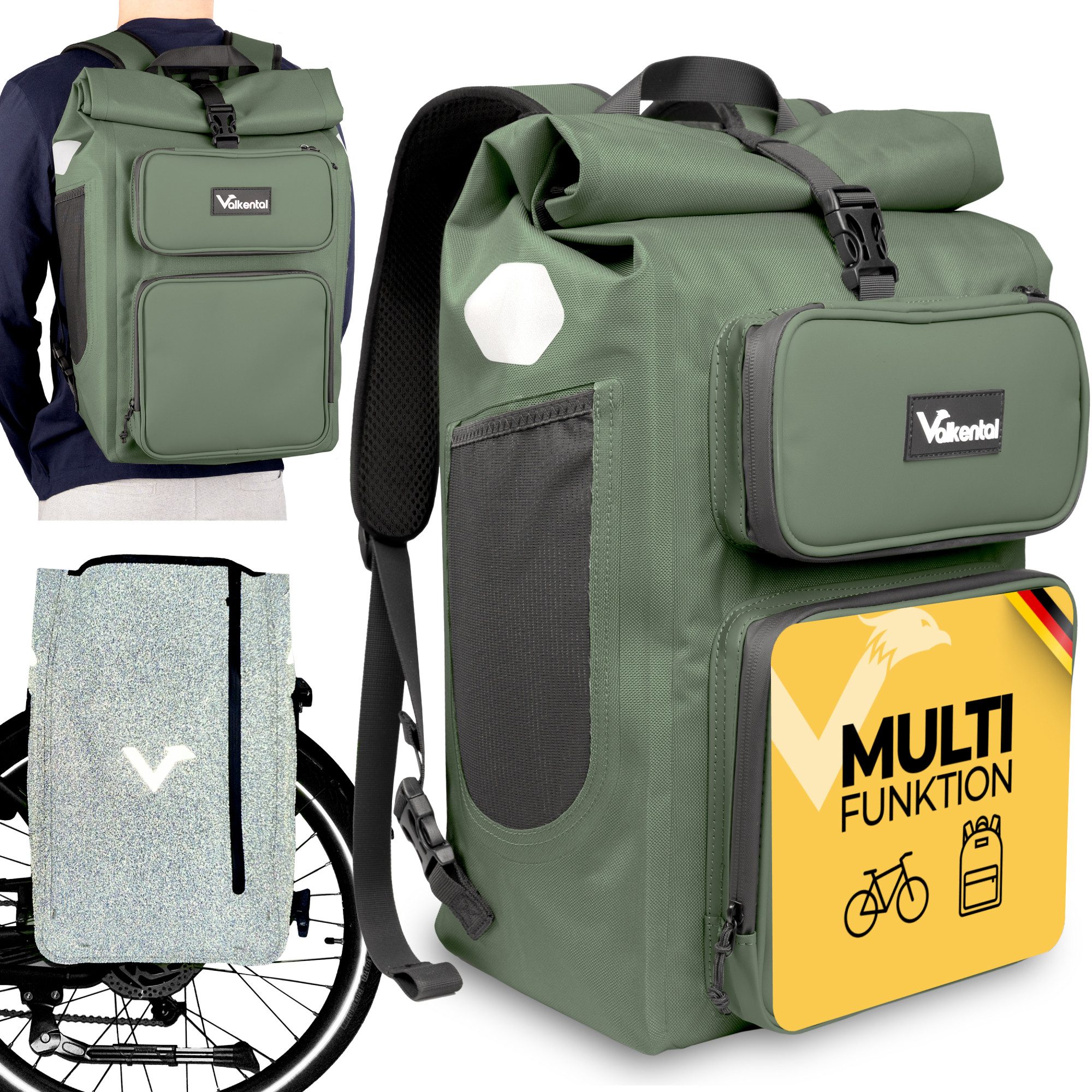 Valkental Gepäckträgertasche Gepäckträgertasche 2in1 Fahrradtasche mit Rucksackfunktion UrbanX (mit Rucksackfunktion und abschließbarer Halterung), 100 % wasserdicht & reflektierend, 28 L