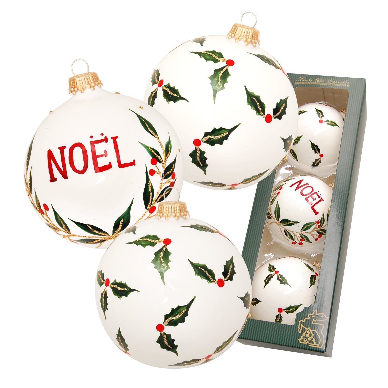 Krebs Glas Lauscha Christbaumschmuck Scandic Xmas "Stechpalme", 3-er Set, 2 Stechpalme, 1 Noel, weiß matt