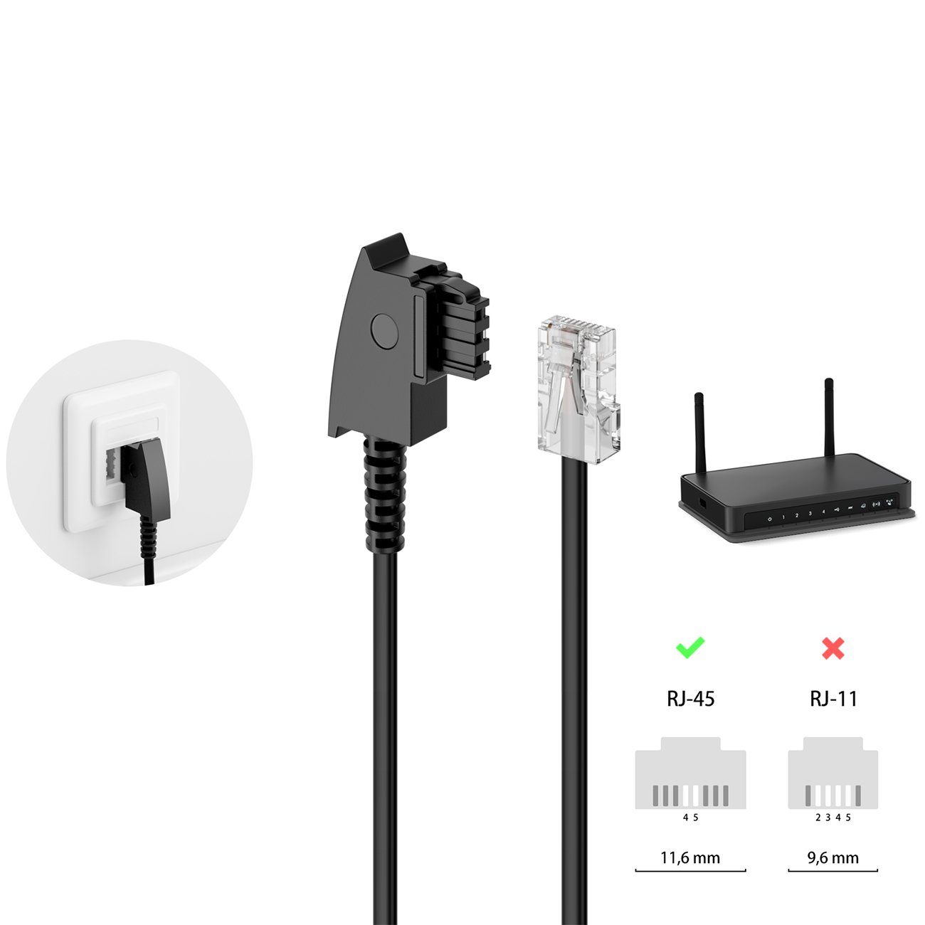 deleyCON deleyCON 1m TAE Anschlusskabel Routerkabel TAE-F auf RJ45 Stecker DSL LAN-Kabel