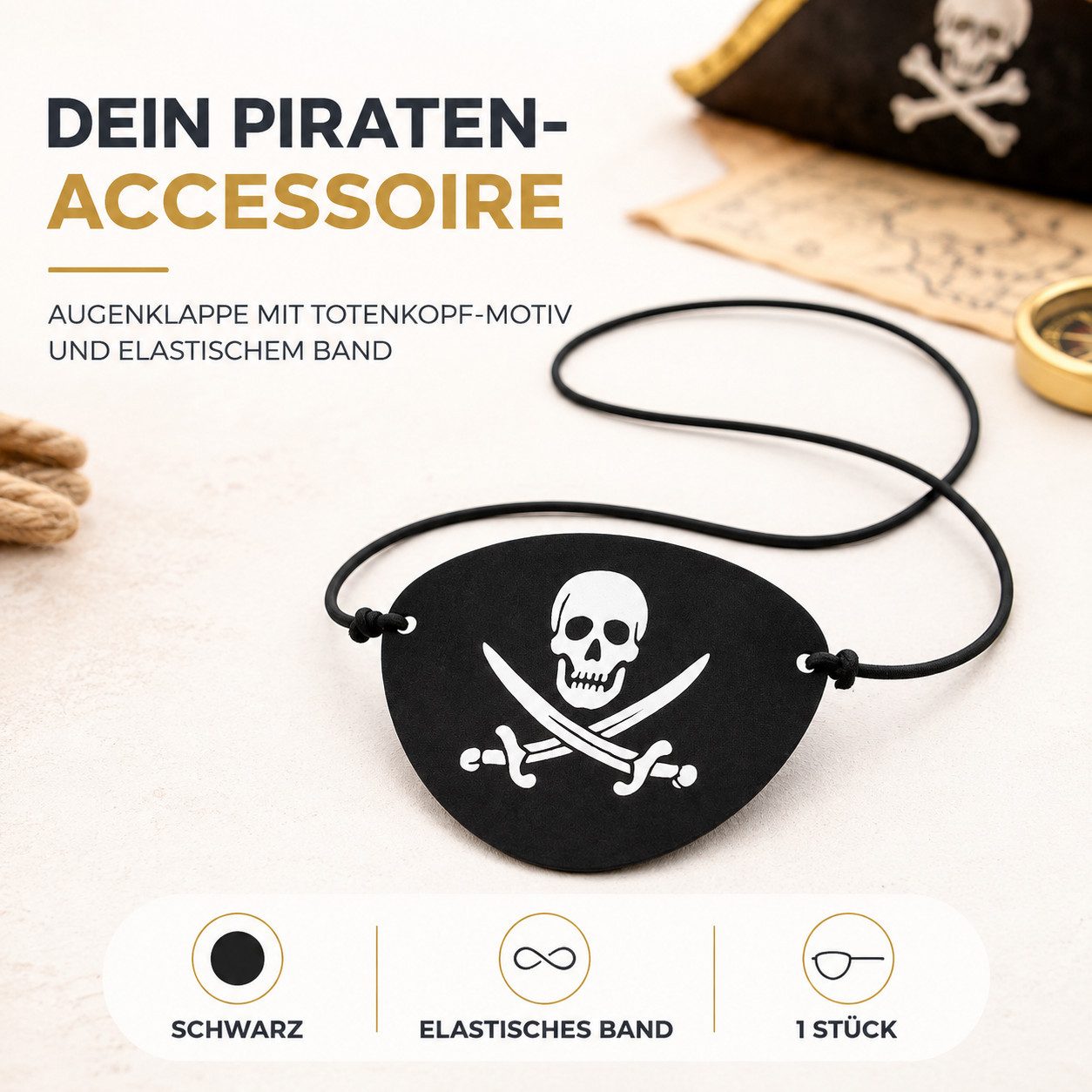 Kostümheld® Piraten-Kostüm 1x Piratenklappe Augenklappe - Kinder Pirat Kostüm Fasching & Karneval