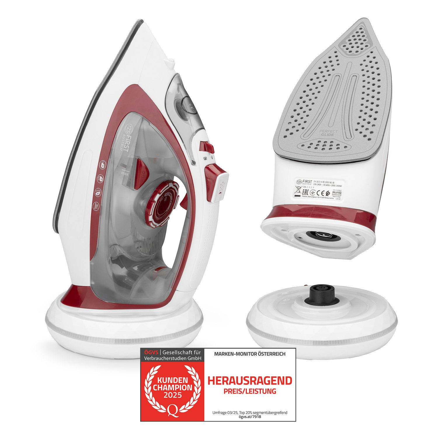 TZS FIRST AUSTRIA Dampfbügeleisen kabellos 2400W, Keramiksohle, 52 Düsen, 20g/min, 0,7g Dampfstoß, 2400 W, Kabelloses Dampfbügeleisen, Antikalk, Vertikaldampf, 450ml Wassertank