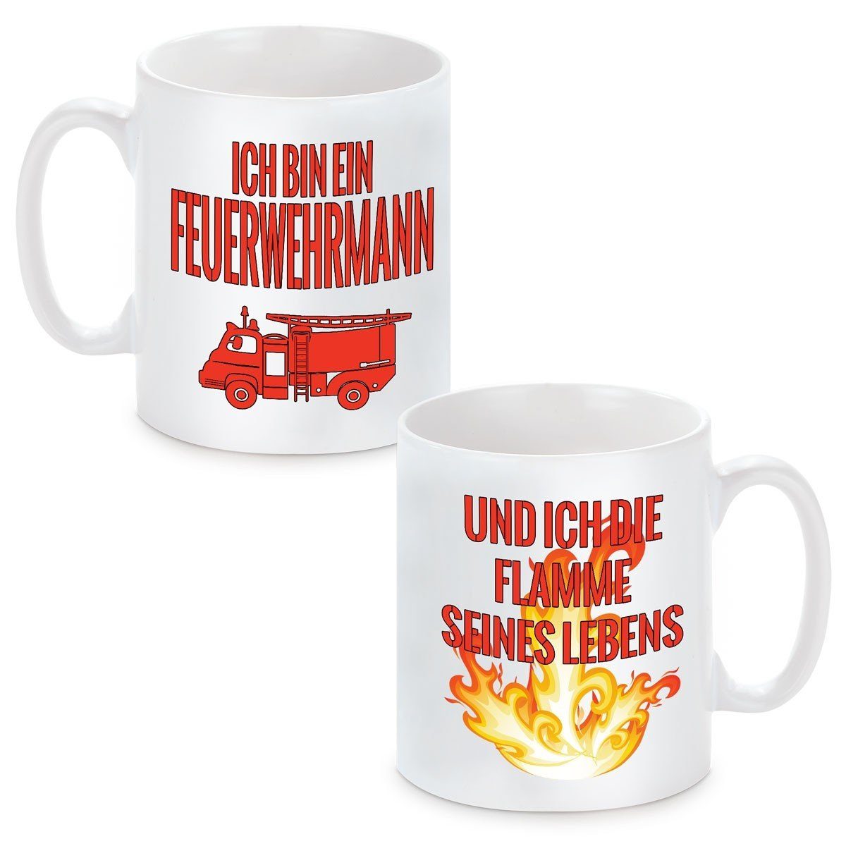 Herzbotschaft Tasse 2er Keramik, Kaffeebecher Feuerwehrmann mikrowellengeeignet Flamme, und Der mit Set Motiv und seine spülmaschinenfest Kaffeetasse