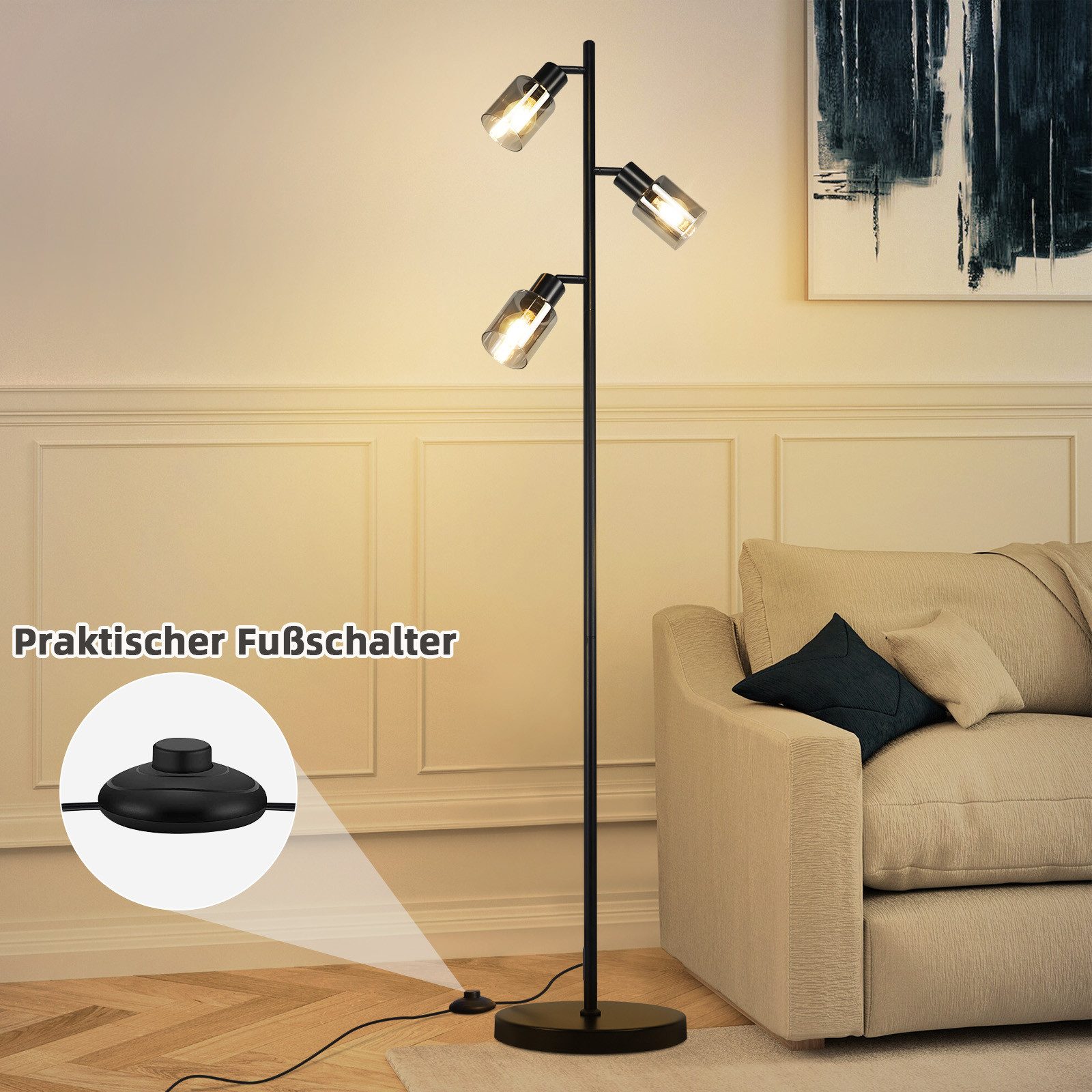 Nettlife Stehlampe Stehleuchte Vintage Wohnzimmer Glas E14 3 flammig Schwarz Metall, Schwenkbar 350°, LED wechselbar, Standlampe Schwenkbar 350° Leselampe für S – Bild 4 von 5