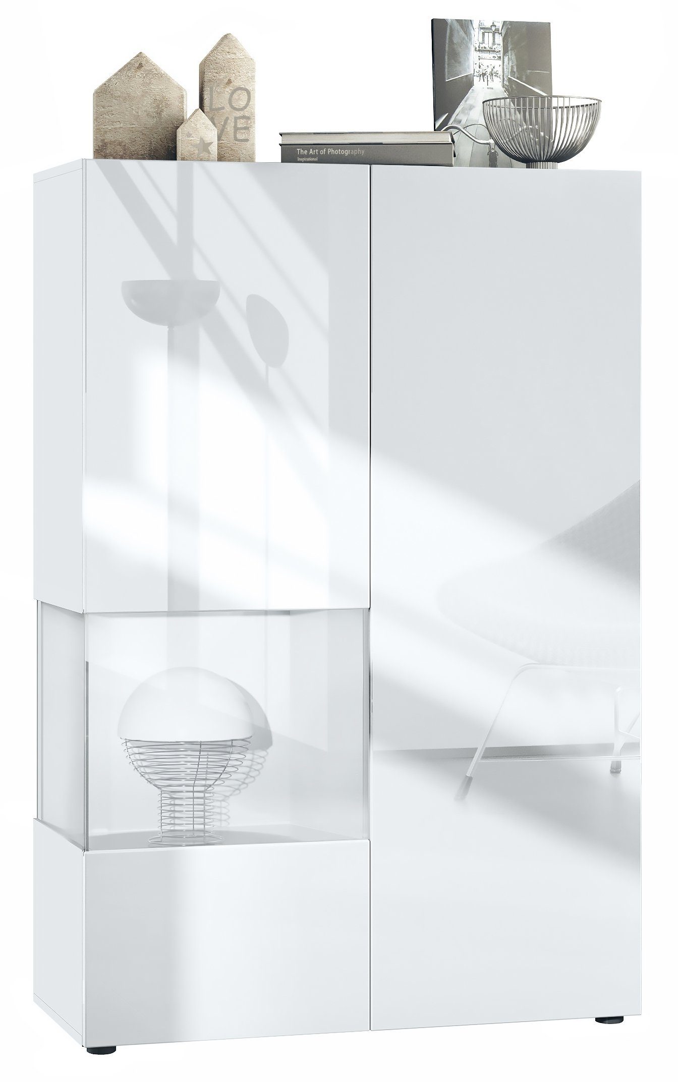 Vladon Standvitrine Morena V2 (Standvitrine, mit 2 Türen und Glaseinsatz) Weiß matt/Weiß Hochglanz (91,5 x 136,5 x 37 cm) Einsatz in Weiß matt
