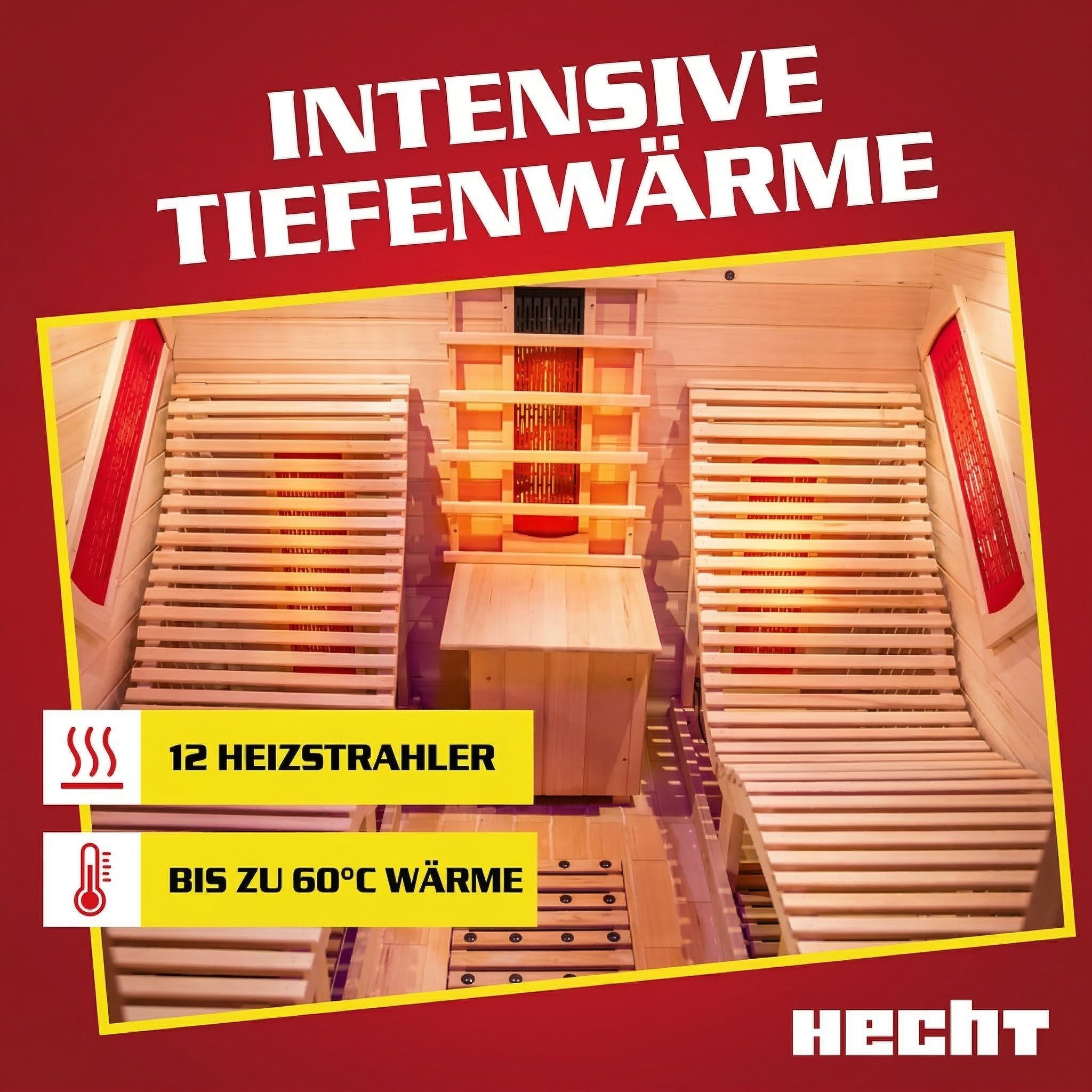Hecht Infrarotkabine Heim Sauna Fantasy Indoor, 2 Personen, 12 Heizstrahler, 3450W, 7 Flächenstrahler, 5 Keramikstrahler, Lichttherapie, 180x180x190cm
